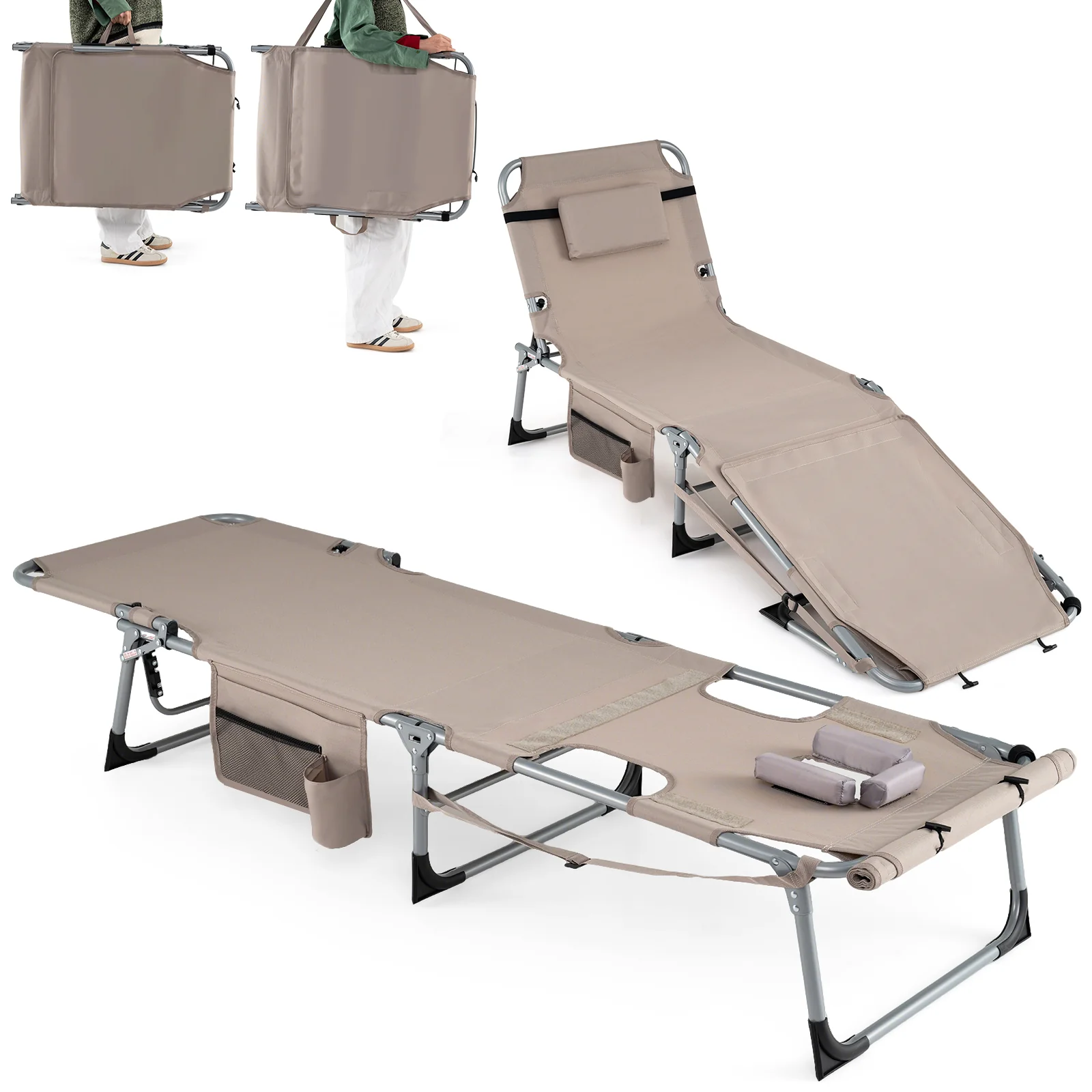 Tanning Chairs, Set of 2, 4-Level Backrest, Face Arm Holes, Beige - Image 4