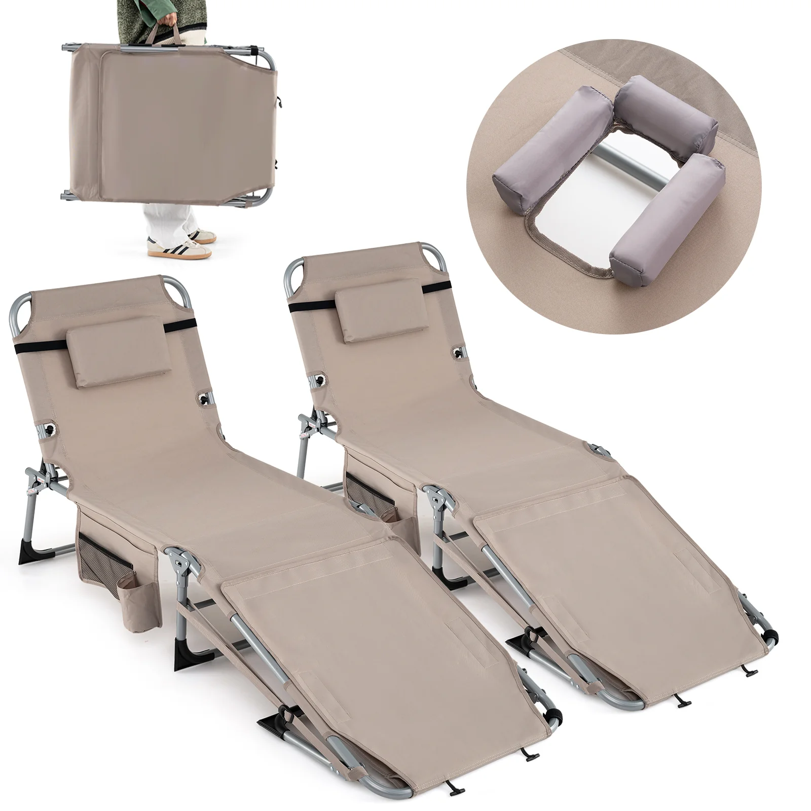 Tanning Chairs, Set of 2, 4-Level Backrest, Face Arm Holes, Beige - Image 5