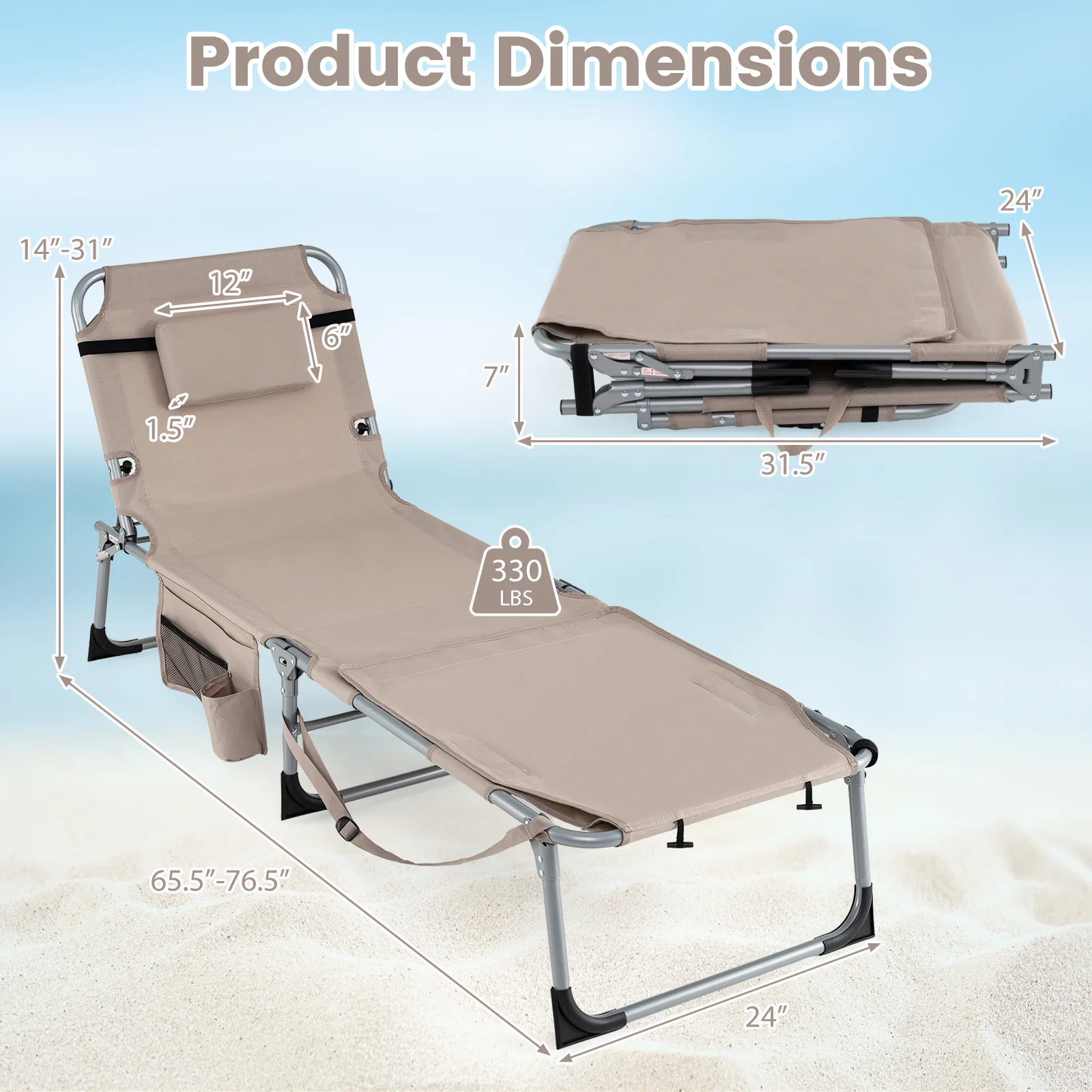 Tanning Chairs, Set of 2, 4-Level Backrest, Face Arm Holes, Beige - Image 6