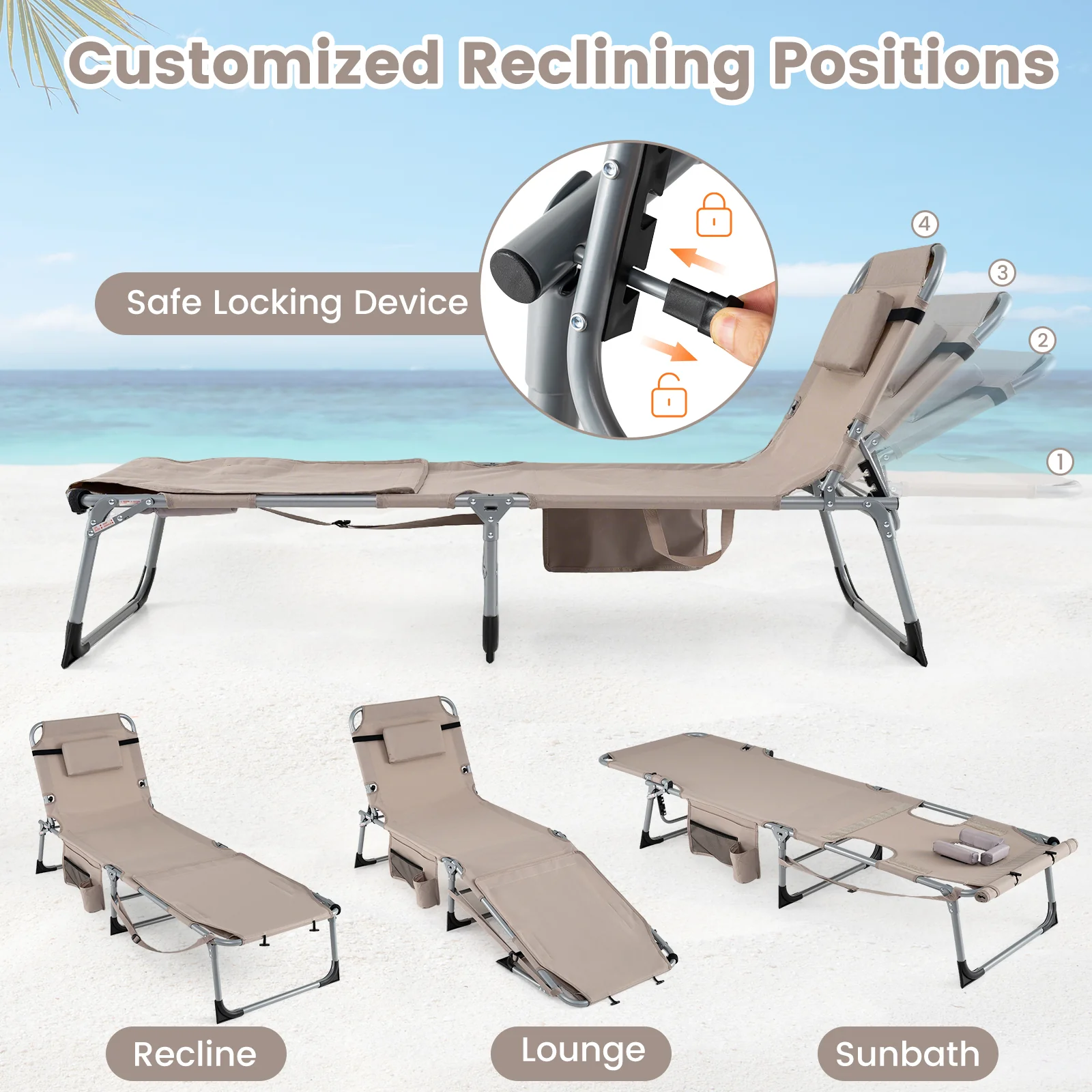 Tanning Chairs, Set of 2, 4-Level Backrest, Face Arm Holes, Beige - Image 7