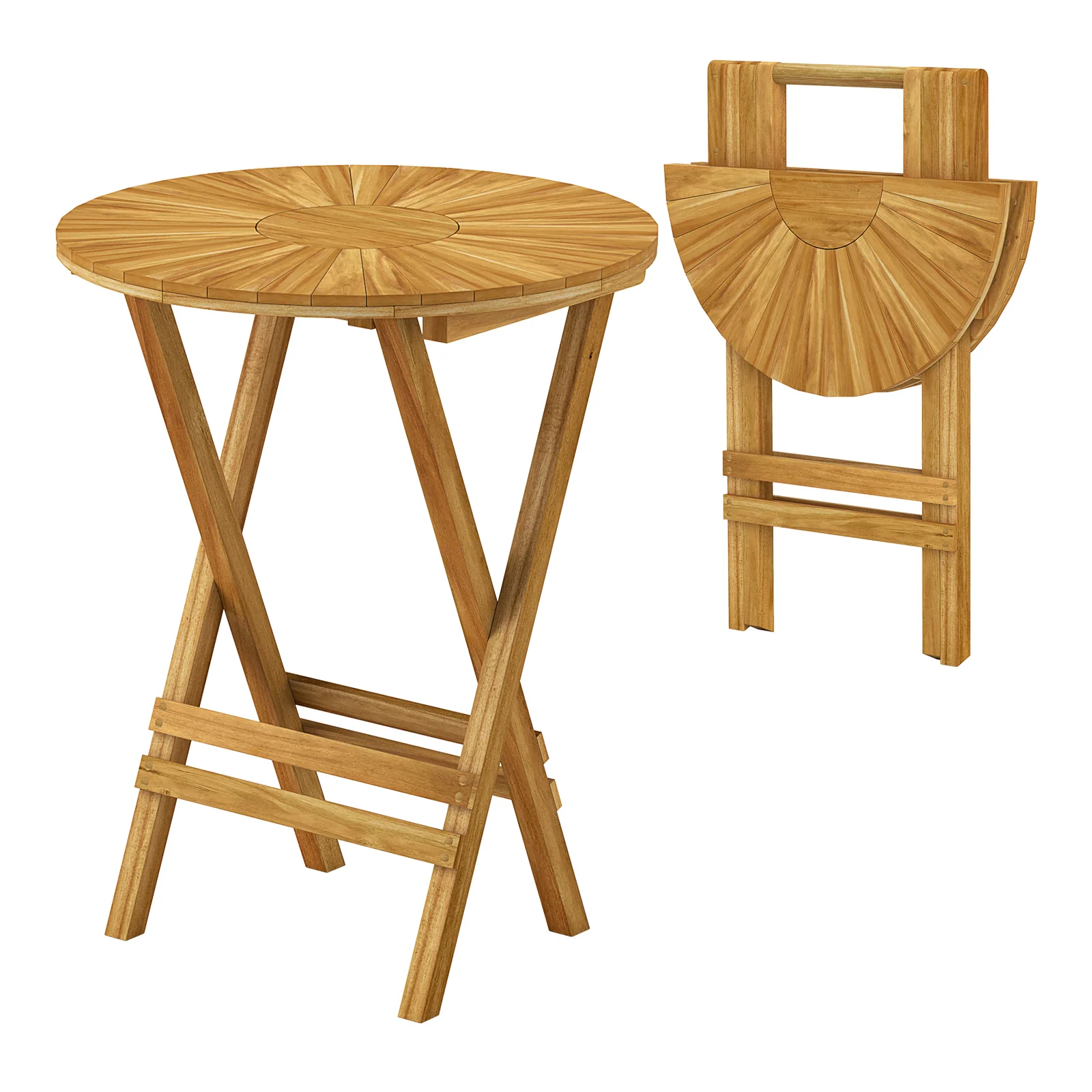 Teak Wood Folding Side Table, Round Slatted Top, X Frame, Natural