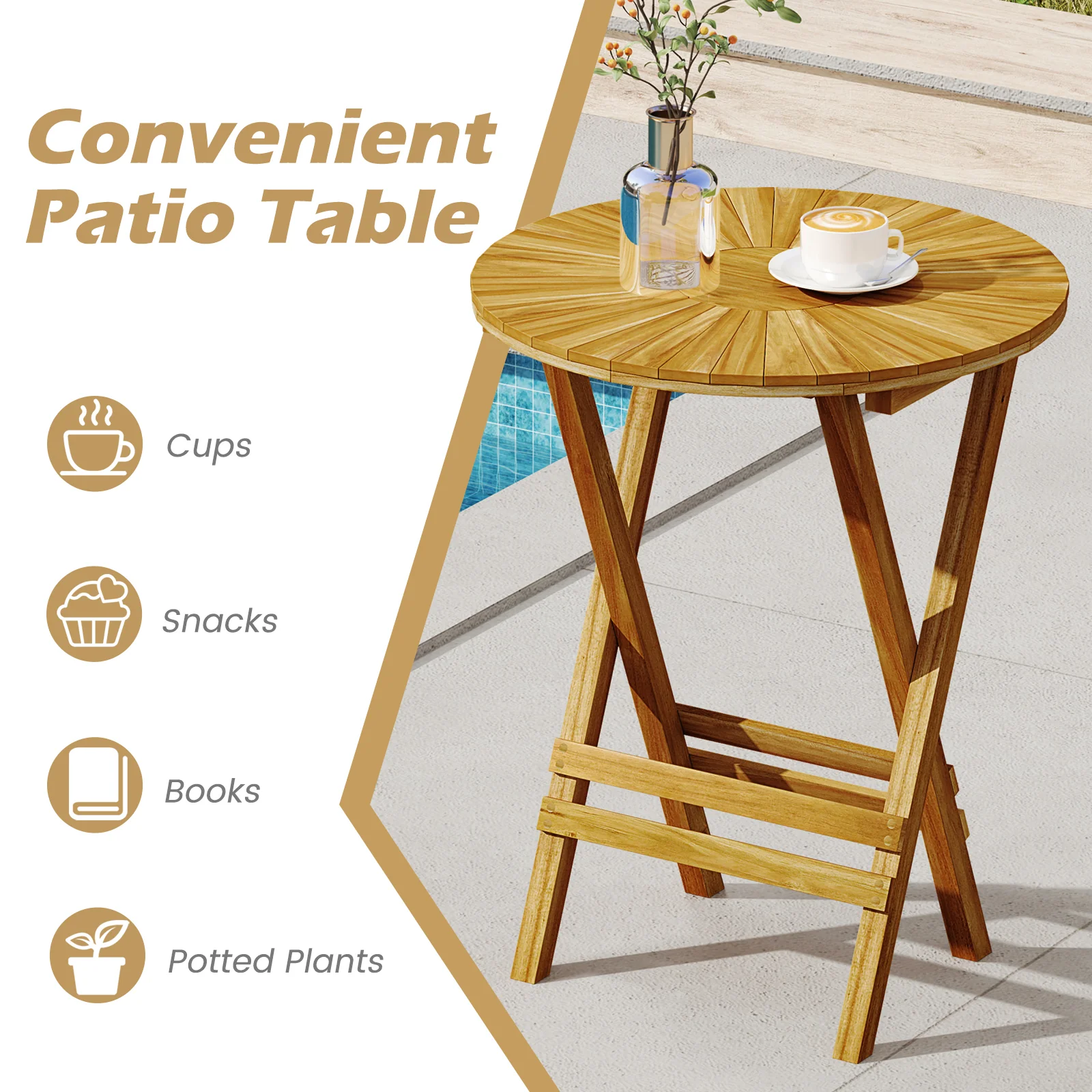 Teak Wood Folding Side Table, Round Slatted Top, X Frame, Natural - Image 10