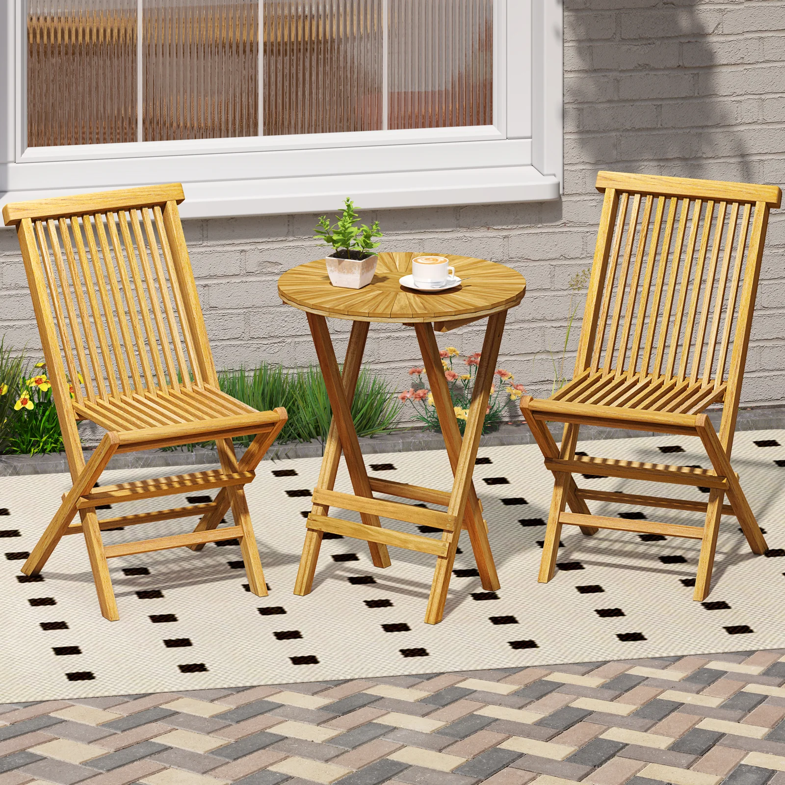 Teak Wood Folding Side Table, Round Slatted Top, X Frame, Natural - Image 2