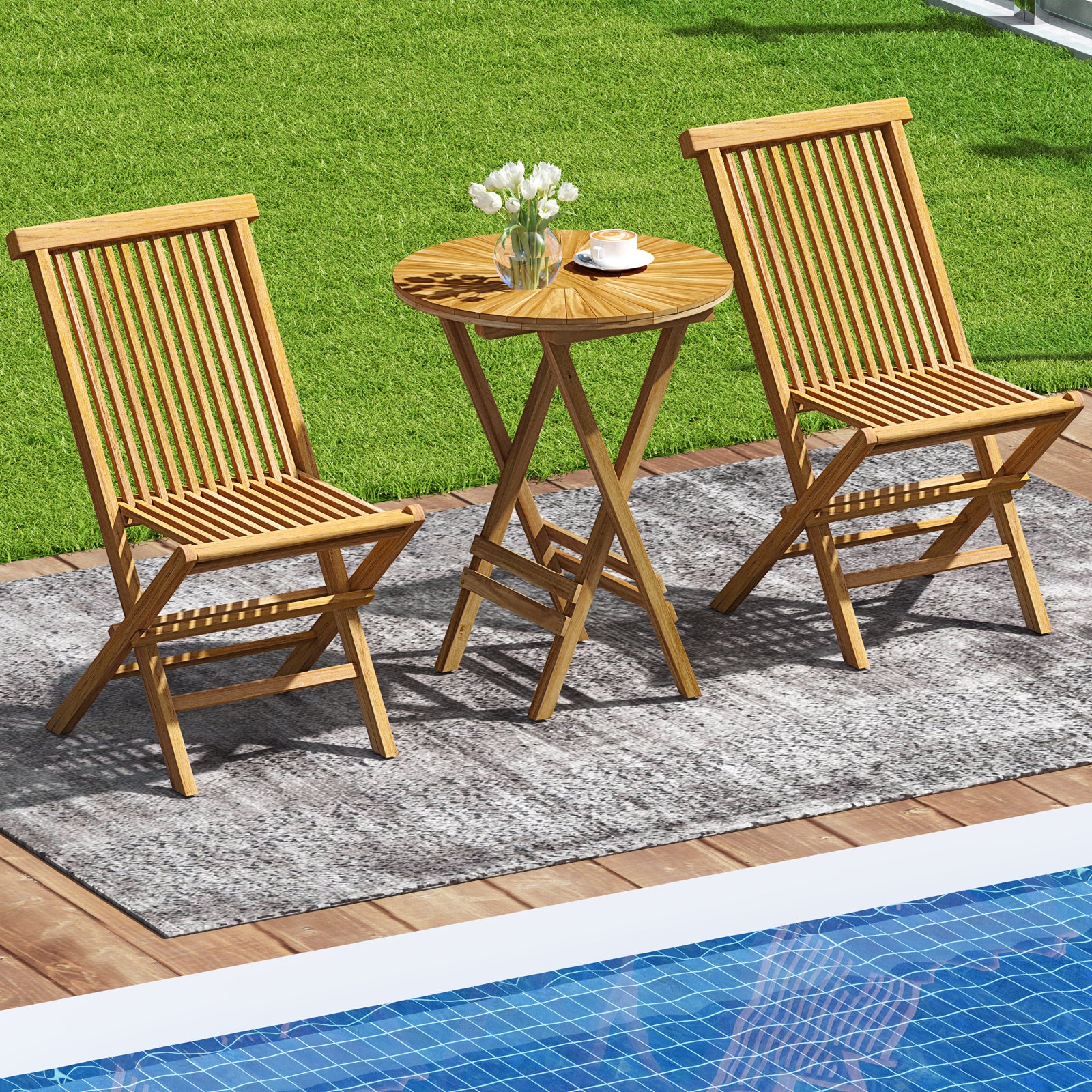 Teak Wood Folding Side Table, Round Slatted Top, X Frame, Natural - Image 3