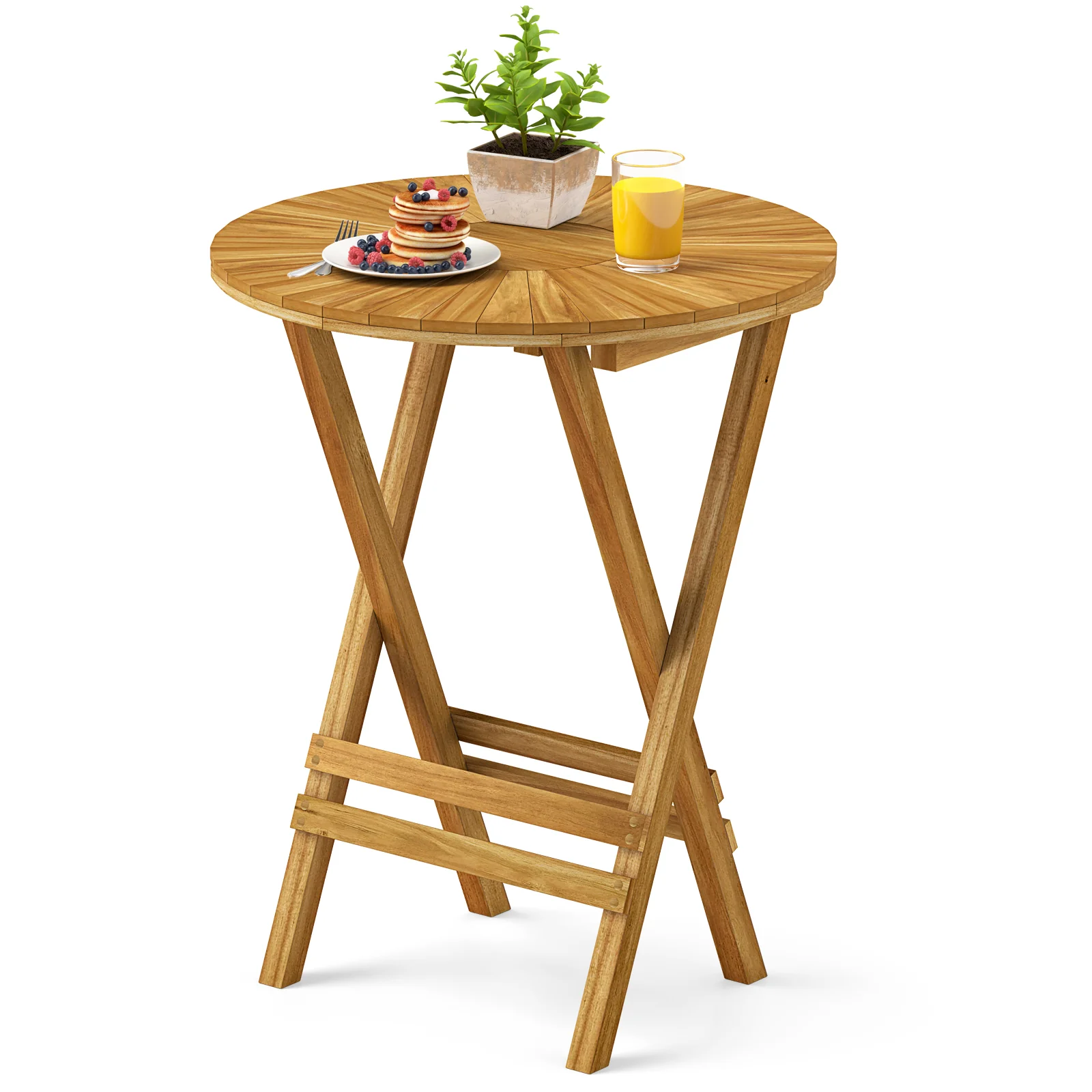 Teak Wood Folding Side Table, Round Slatted Top, X Frame, Natural - Image 5
