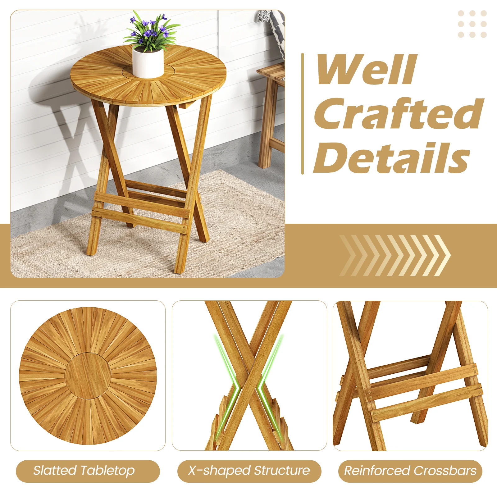 Teak Wood Folding Side Table, Round Slatted Top, X Frame, Natural - Image 7