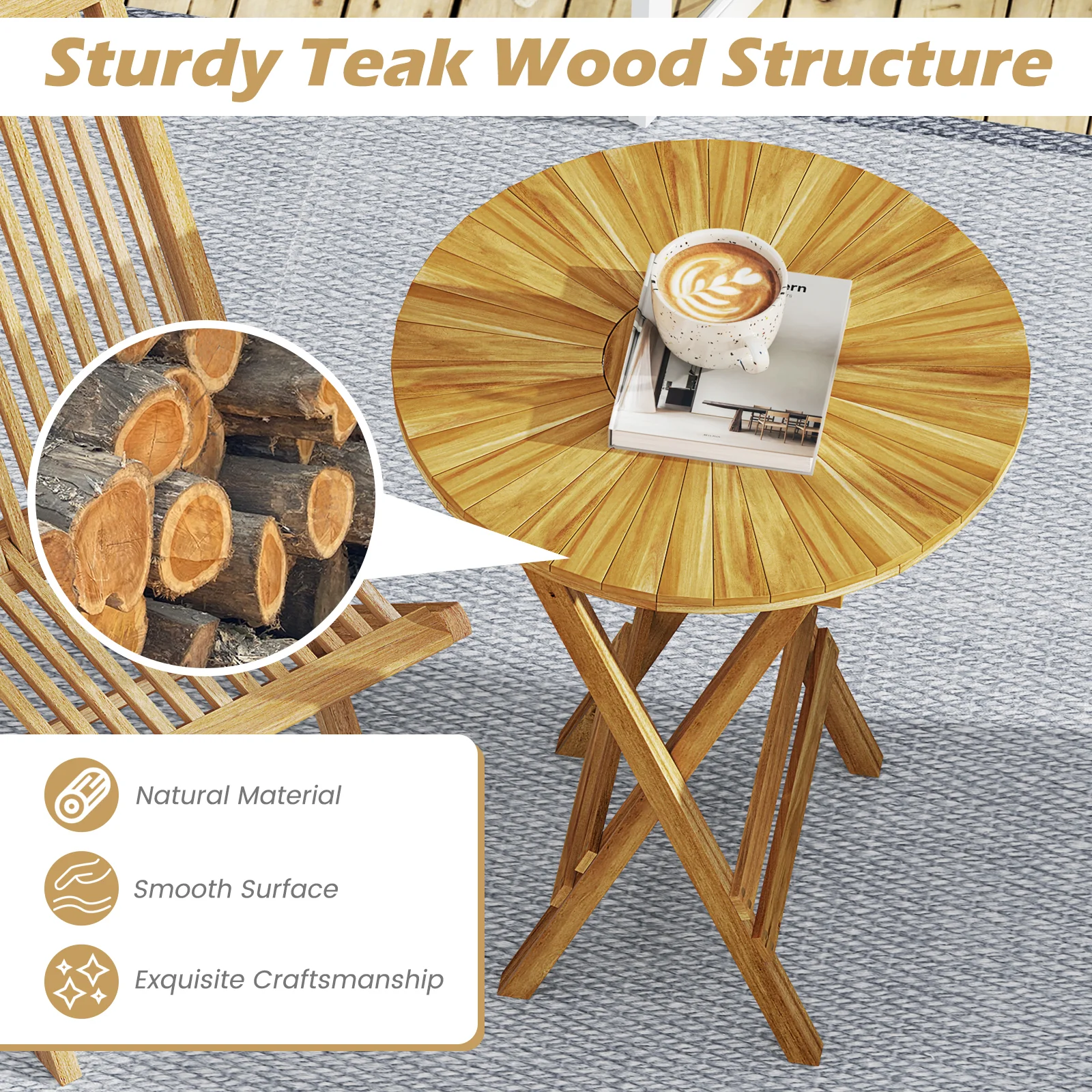 Teak Wood Folding Side Table, Round Slatted Top, X Frame, Natural - Image 8