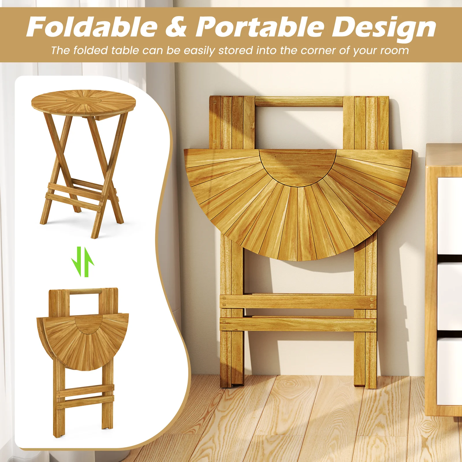 Teak Wood Folding Side Table, Round Slatted Top, X Frame, Natural - Image 9