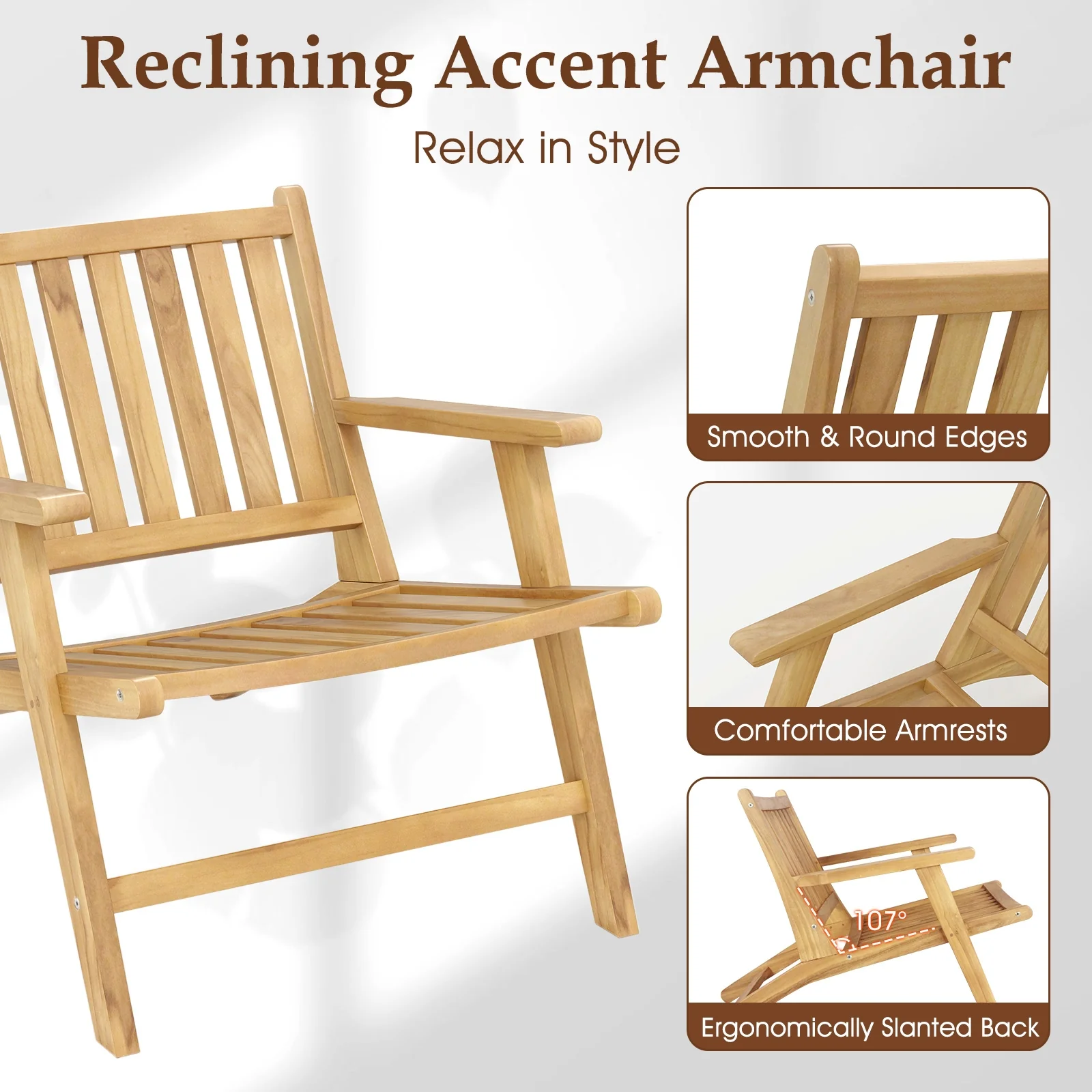 Teak Wood Outdoor Reclining Chair, Natural - Image 10