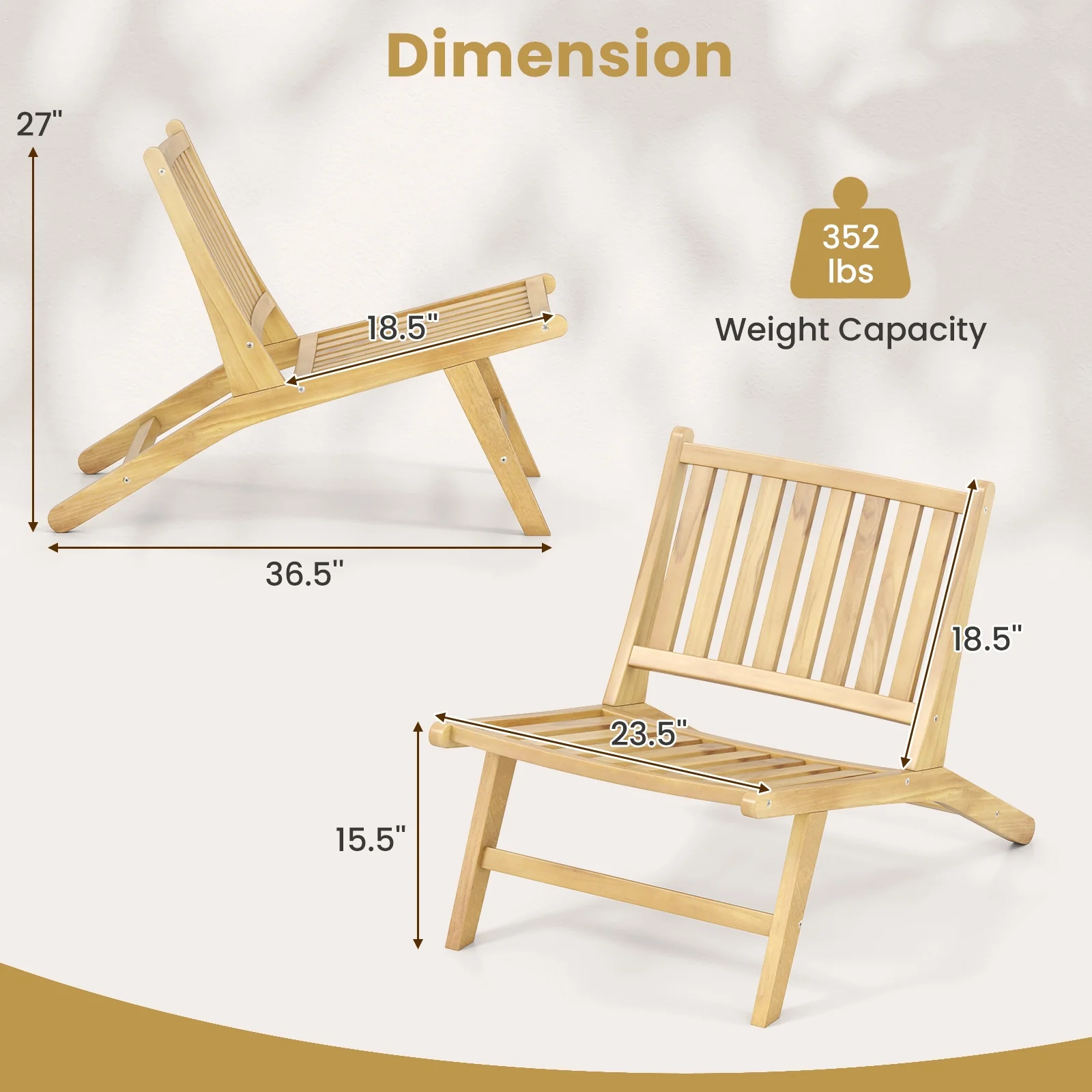 Teak Wood Outdoor Reclining Chair with Comfortable Backrest, Natural - Image 5