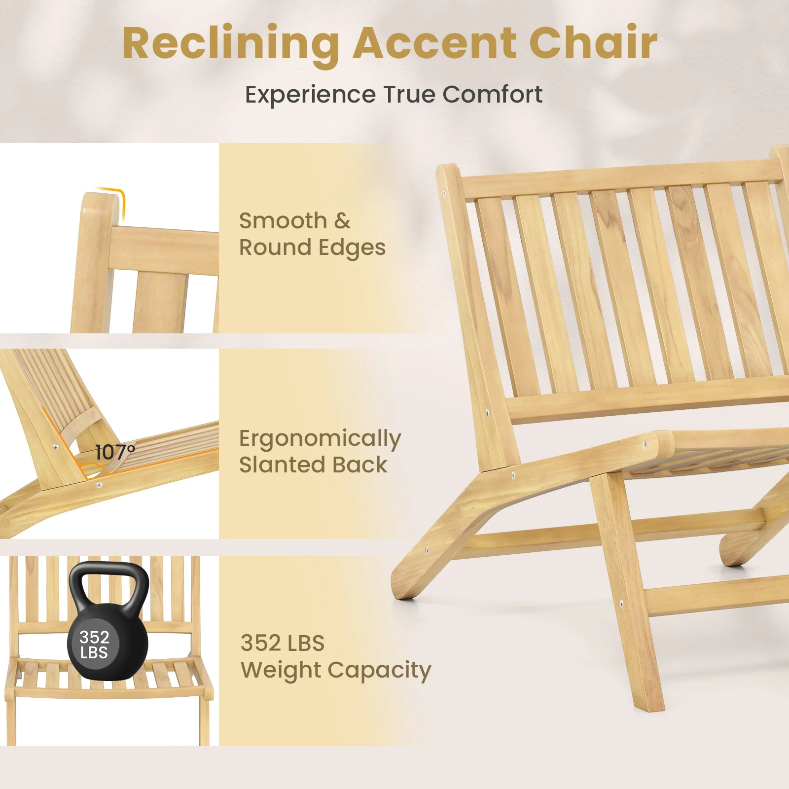 Teak Wood Outdoor Reclining Chair with Comfortable Backrest, Natural - Image 7