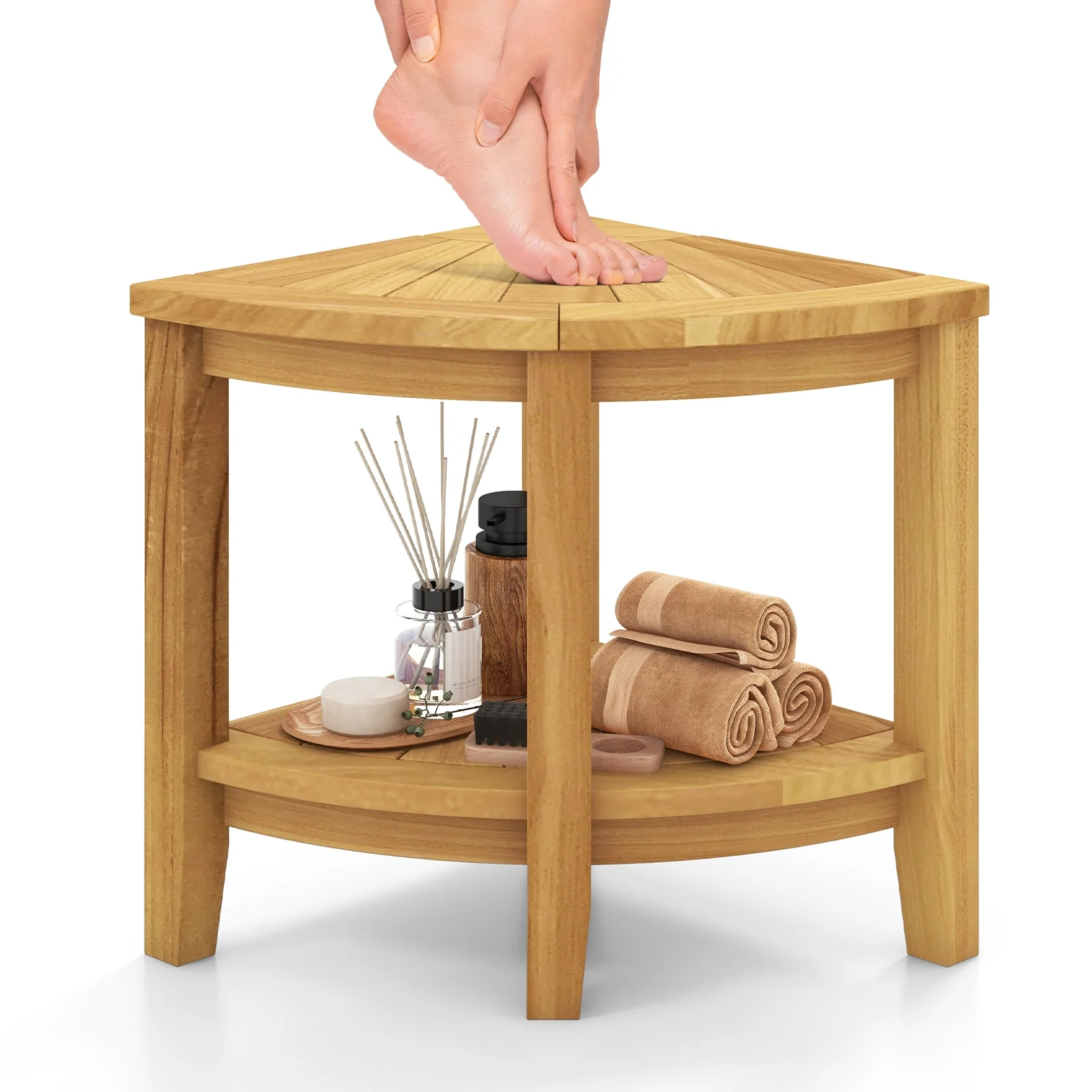 Teak Wood Shower Bench With Storage Shelf, Natural - Image 5