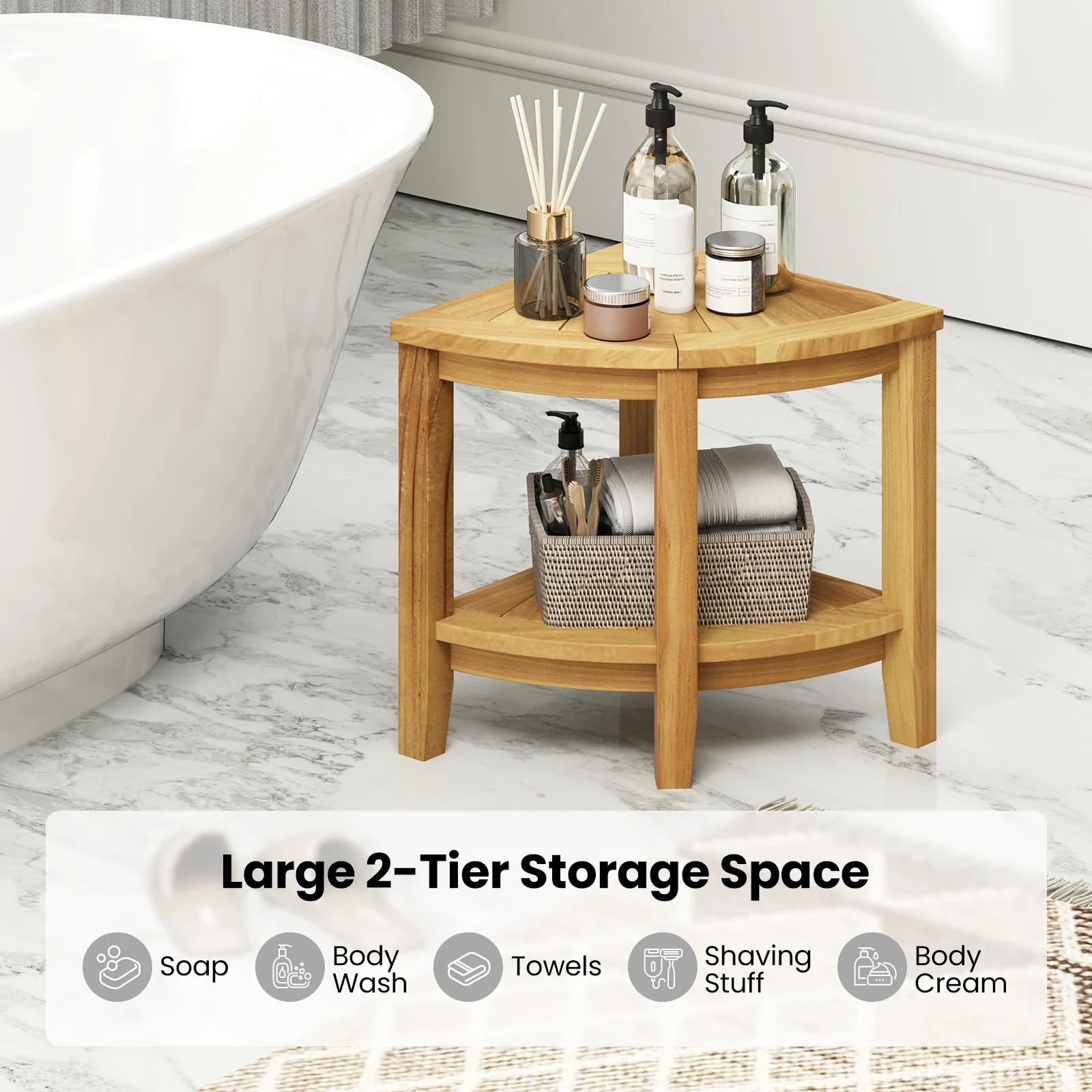 Teak Wood Shower Bench With Storage Shelf, Natural - Image 9