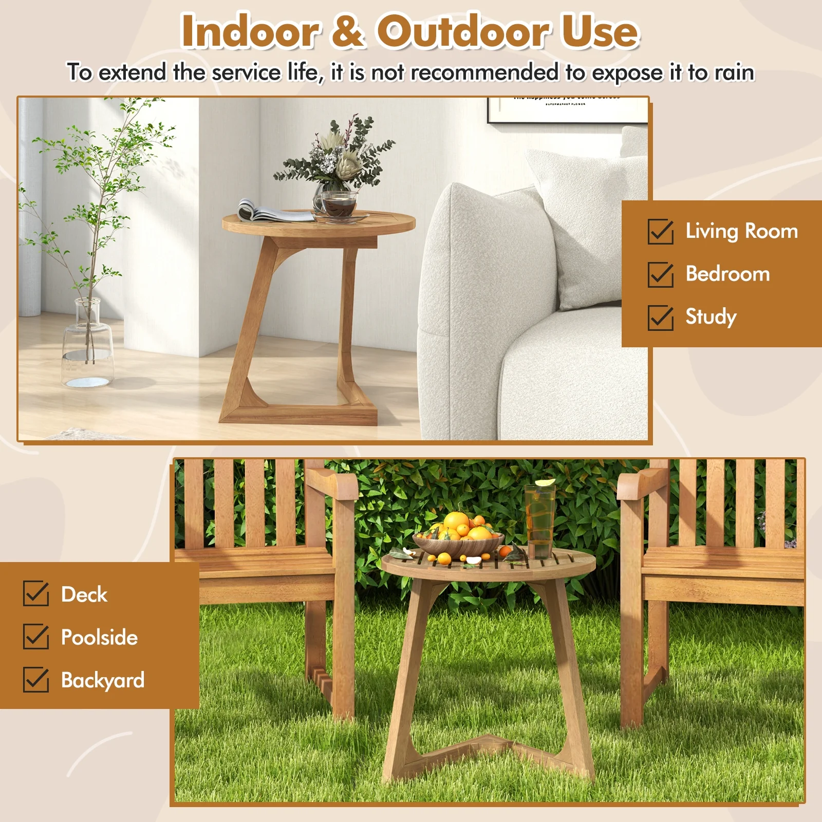 Teak Wood Side Table, Round Sofa End Table, Slatted Tabletop, Natural - Image 10