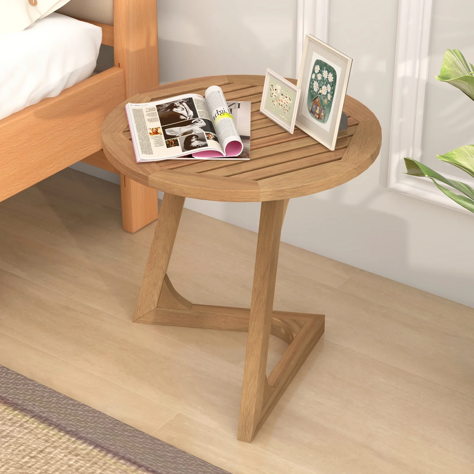 Teak Wood Side Table, Round Sofa End Table, Slatted Tabletop, Natural - Image 3