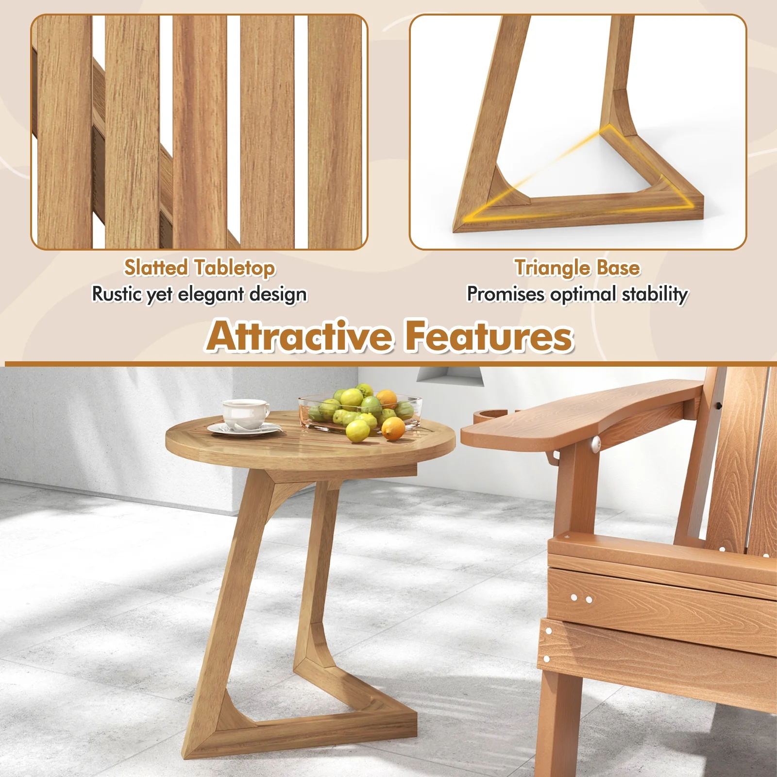 Teak Wood Side Table, Round Sofa End Table, Slatted Tabletop, Natural - Image 8