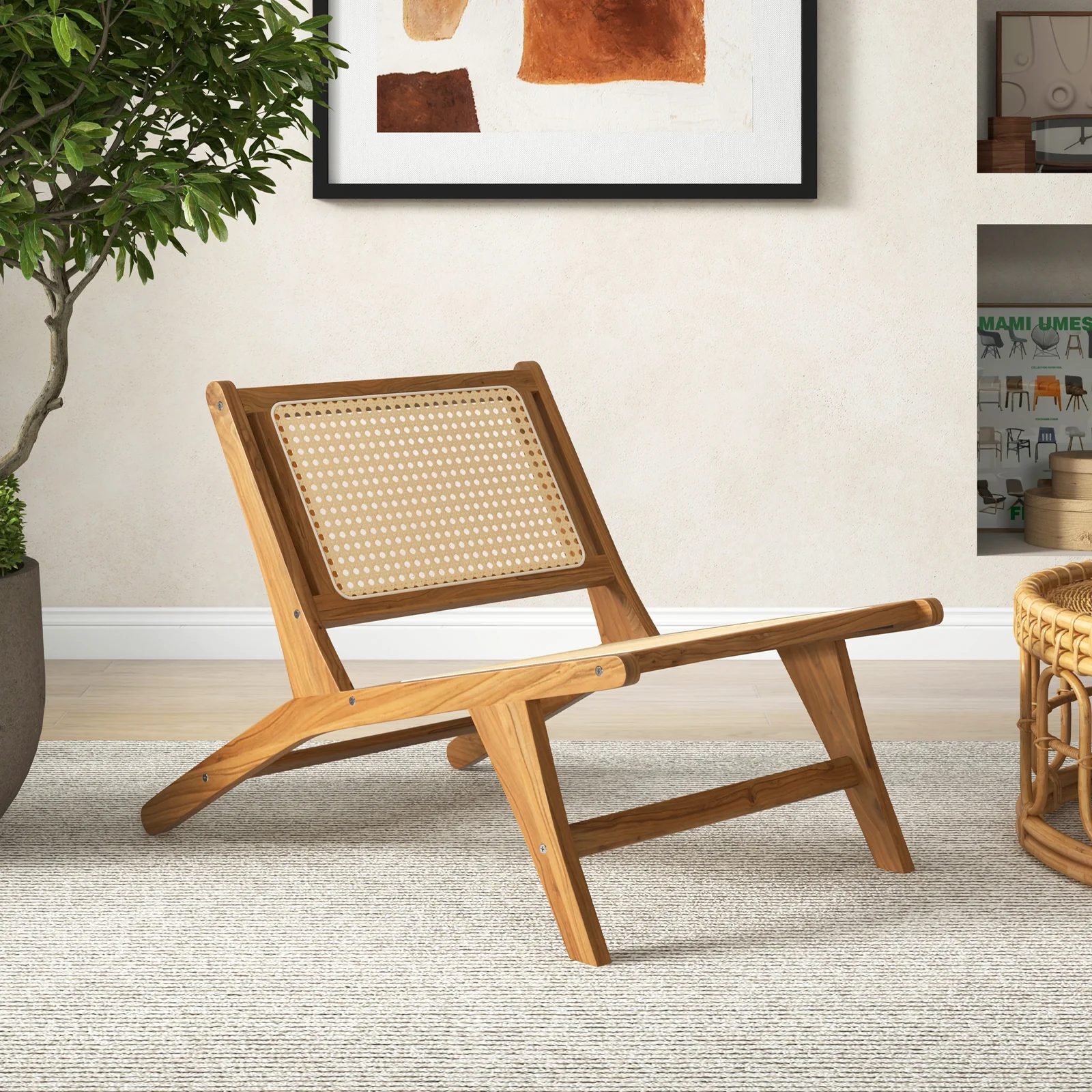 Teak Wooden Chair, Handwoven Rattan Seat, Natural - Image 2