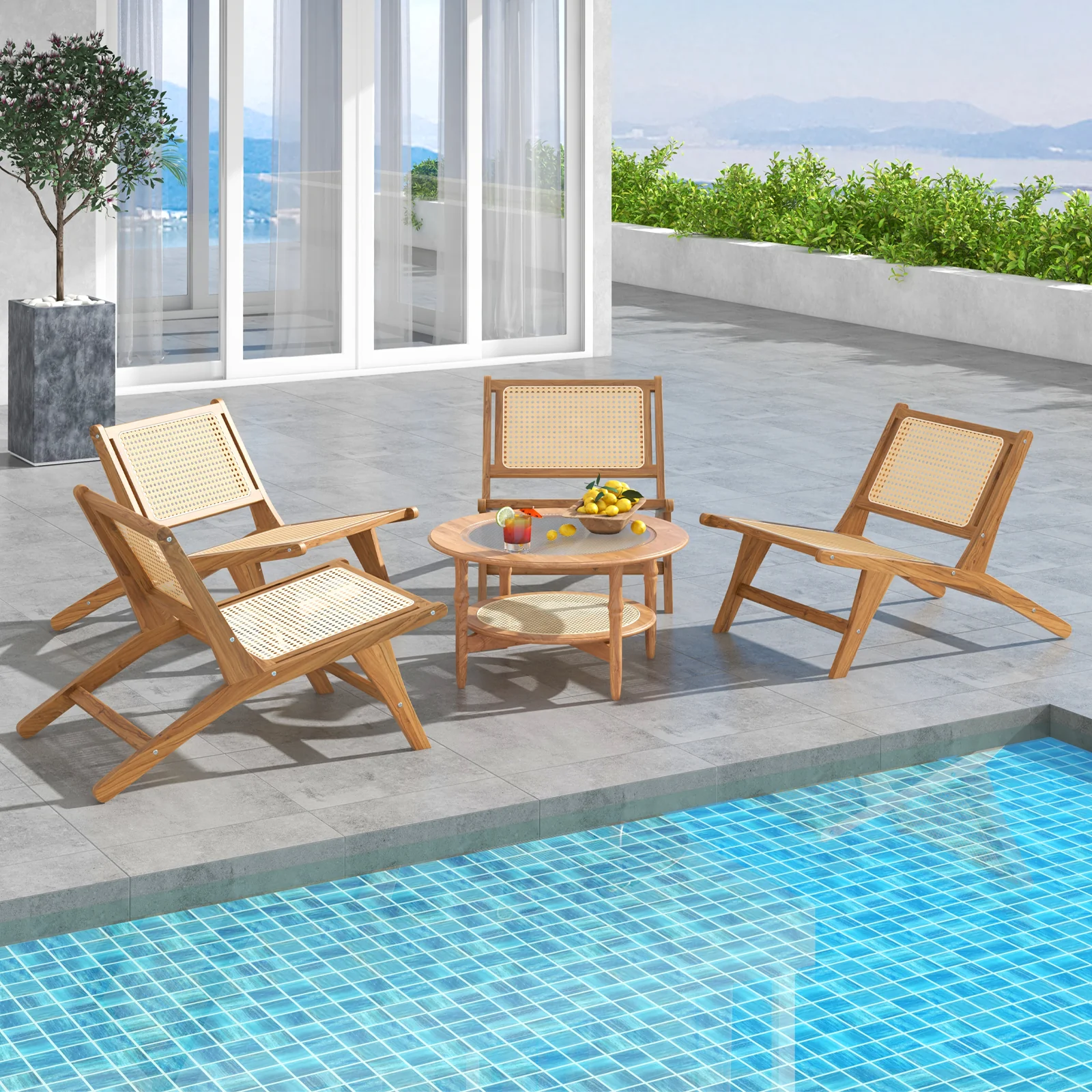 Teak Wooden Chair, Handwoven Rattan Seat, Natural - Image 3