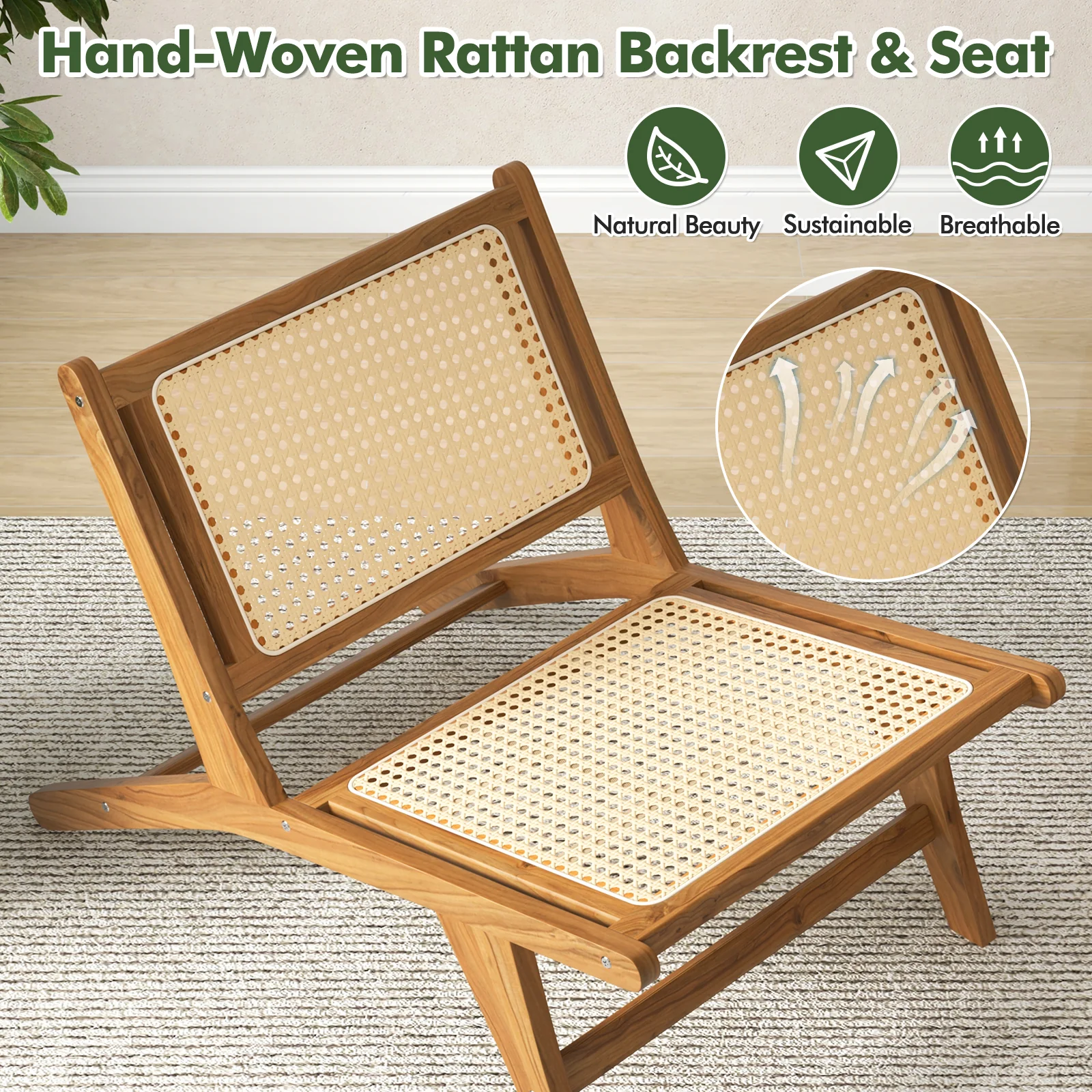 Teak Wooden Chair, Handwoven Rattan Seat, Natural - Image 7