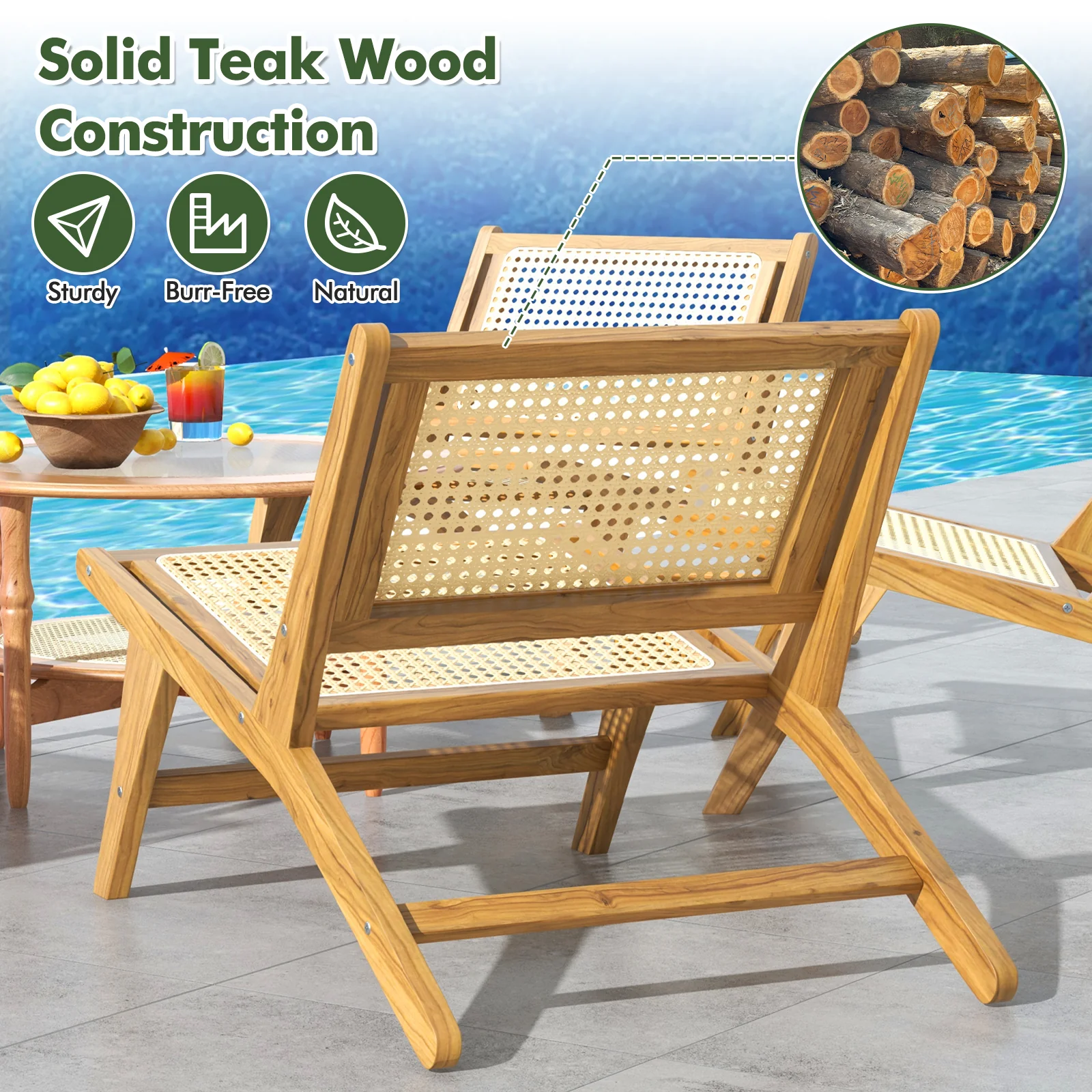 Teak Wooden Chair, Handwoven Rattan Seat, Natural - Image 8