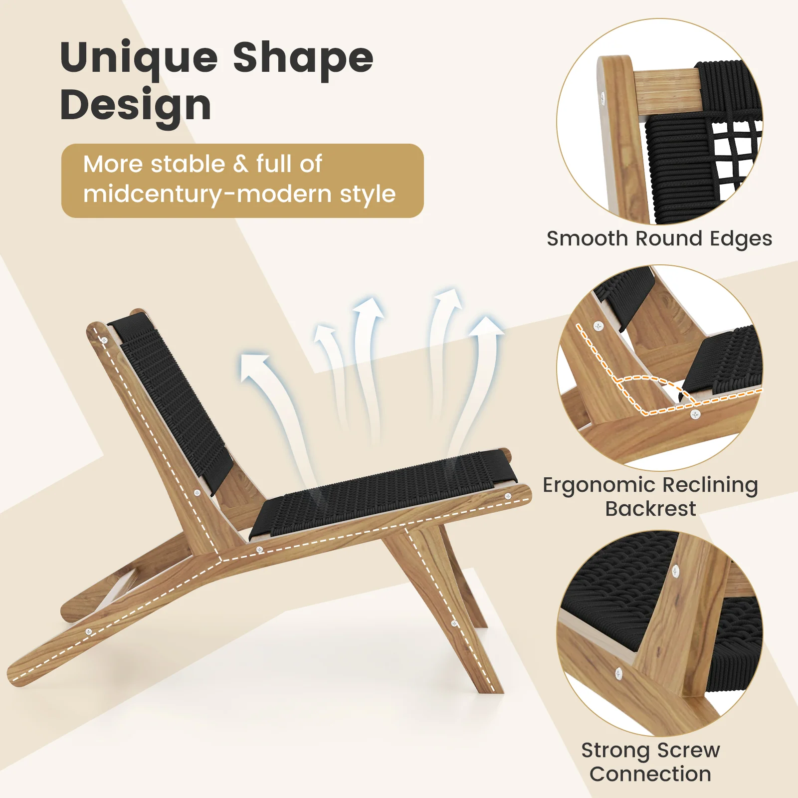 Teak Wooden Chair, Indoor Outdoor, Handwoven Cordage Seat, Natural, Black - Image 10