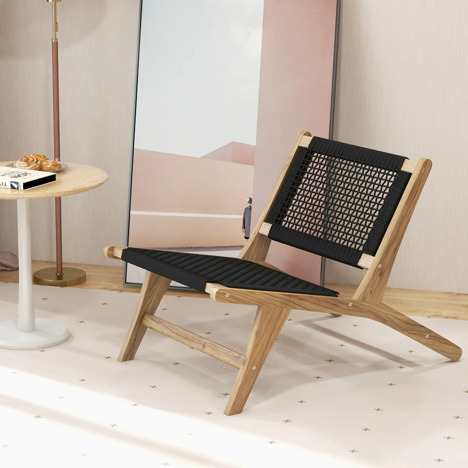Teak Wooden Chair, Indoor Outdoor, Handwoven Cordage Seat, Natural, Black - Image 2