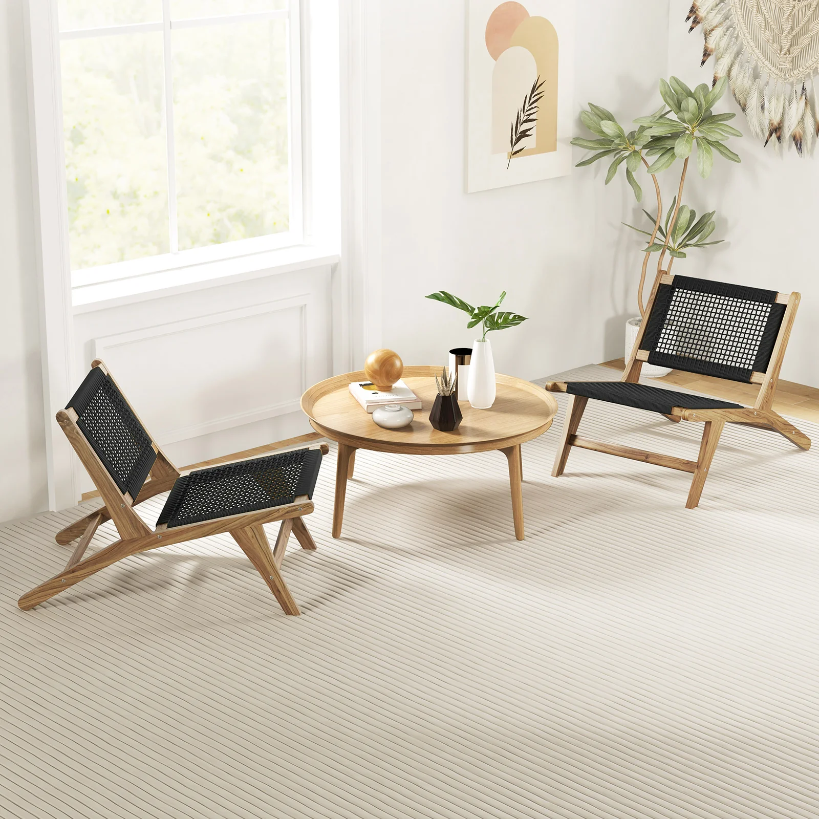 Teak Wooden Chair, Indoor Outdoor, Handwoven Cordage Seat, Natural, Black - Image 3