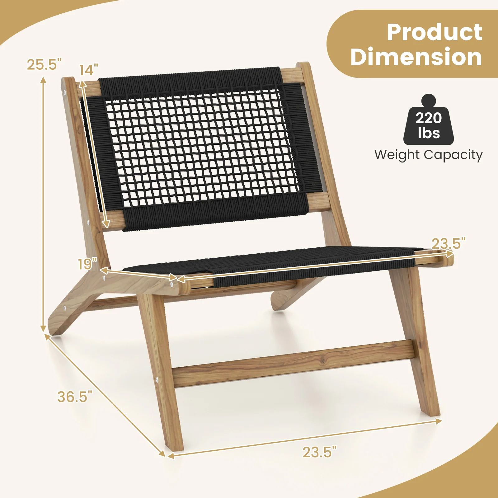 Teak Wooden Chair, Indoor Outdoor, Handwoven Cordage Seat, Natural, Black - Image 5