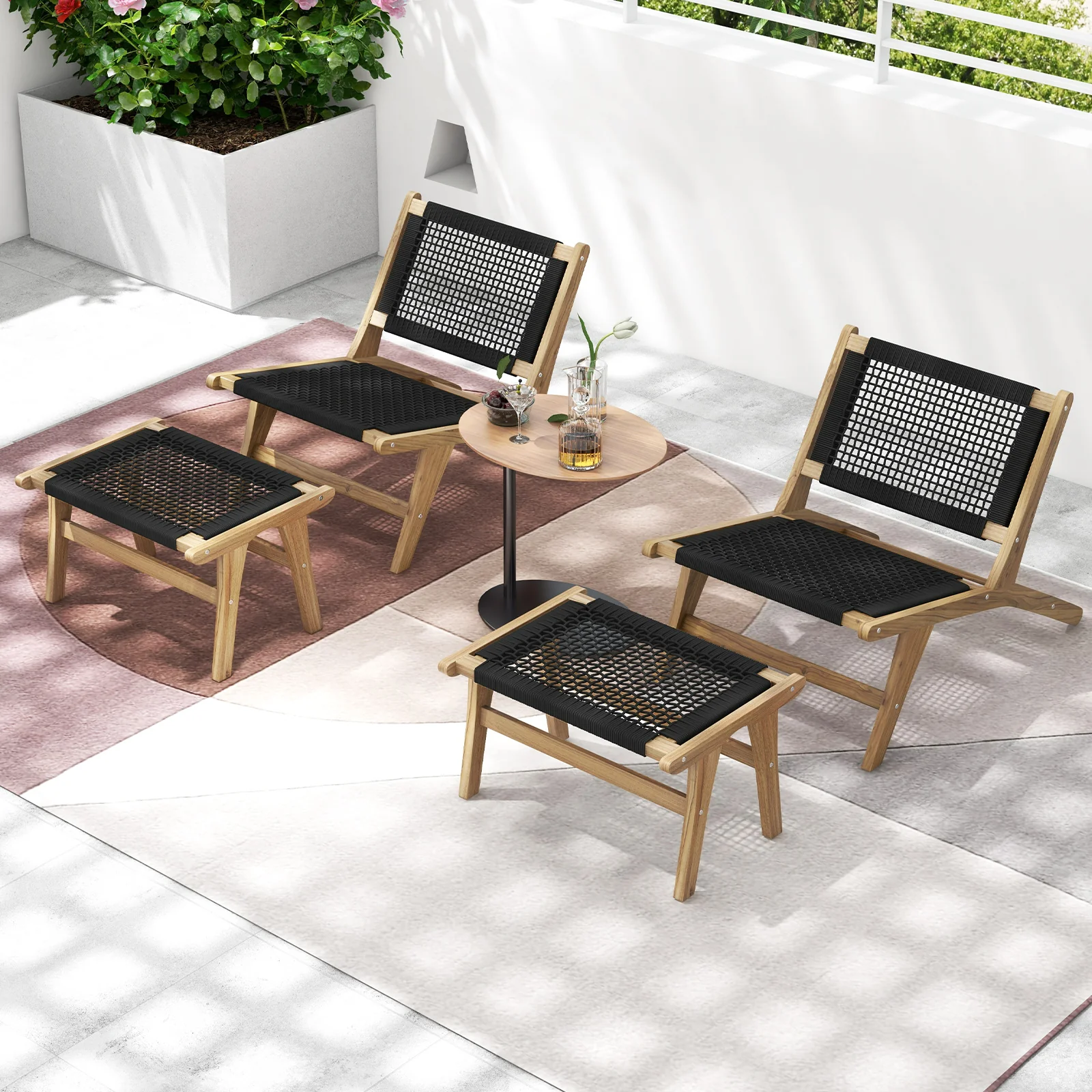 Teak Wooden Chair, Indoor Outdoor, Handwoven Cordage Seat, Natural, Black - Image 7
