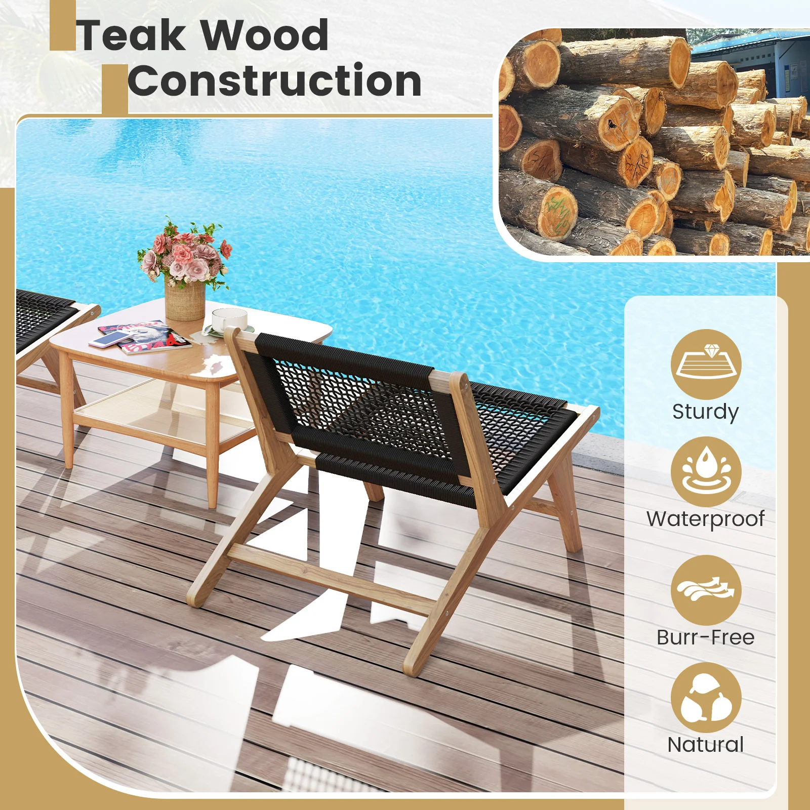 Teak Wooden Chair, Indoor Outdoor, Handwoven Cordage Seat, Natural, Black - Image 8