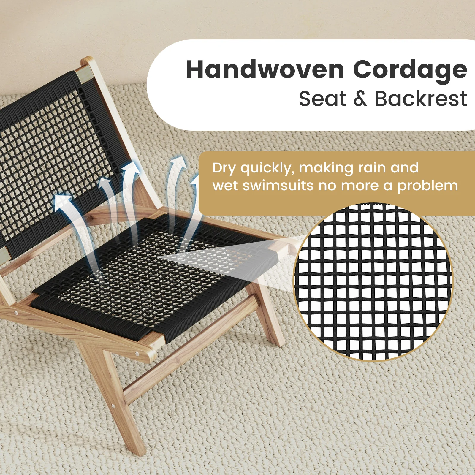 Teak Wooden Chair, Indoor Outdoor, Handwoven Cordage Seat, Natural, Black - Image 9