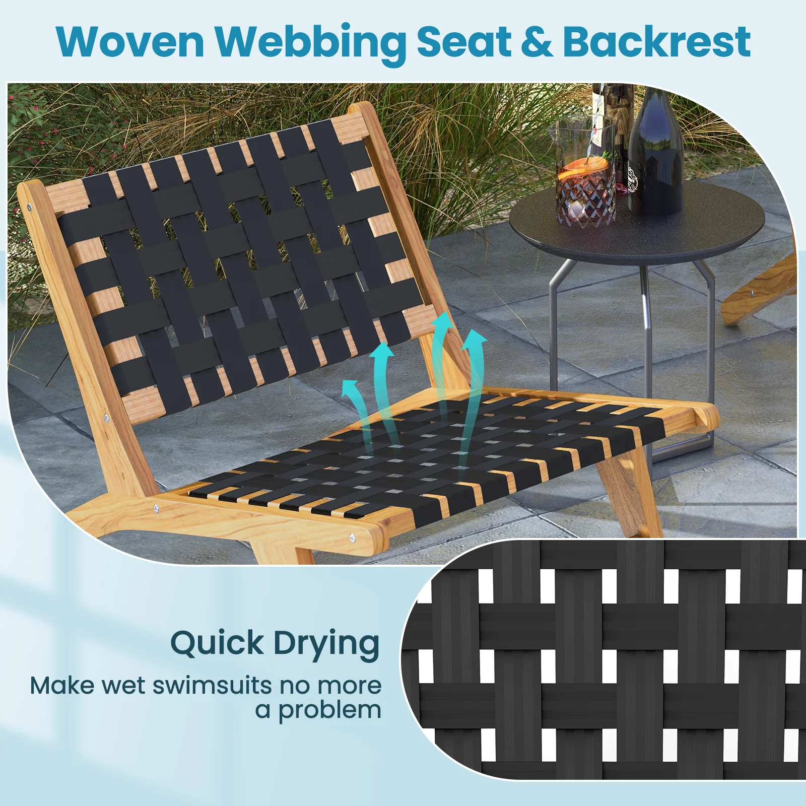 Teak Wooden Chair, Indoor Patio, Woven Webbing Seat, Natural, Black - Image 9