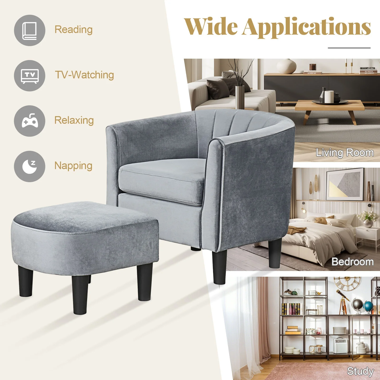 Teddy Velvet Club Barrel Chair With Ottoman, Gray - Image 10