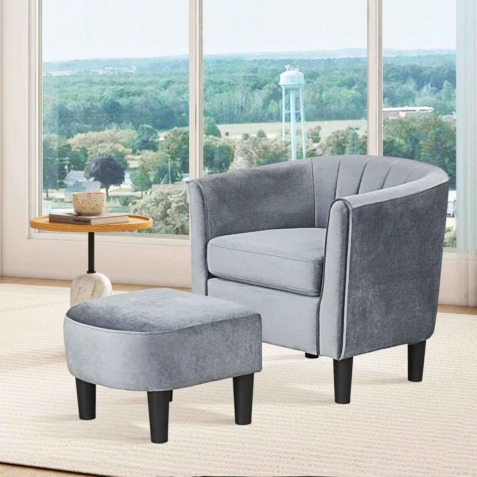 Teddy Velvet Club Barrel Chair With Ottoman, Gray - Image 3