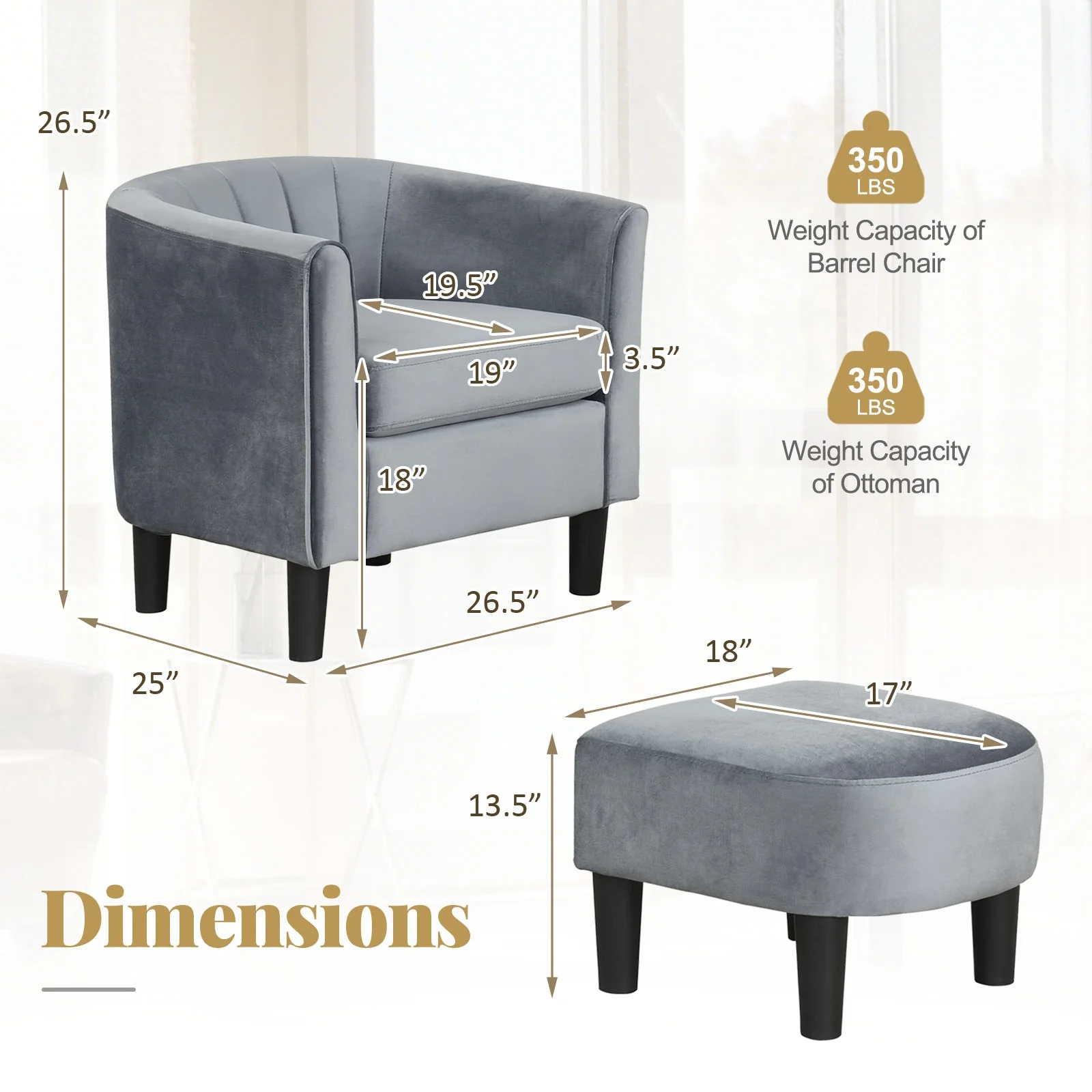 Teddy Velvet Club Barrel Chair With Ottoman, Gray - Image 5