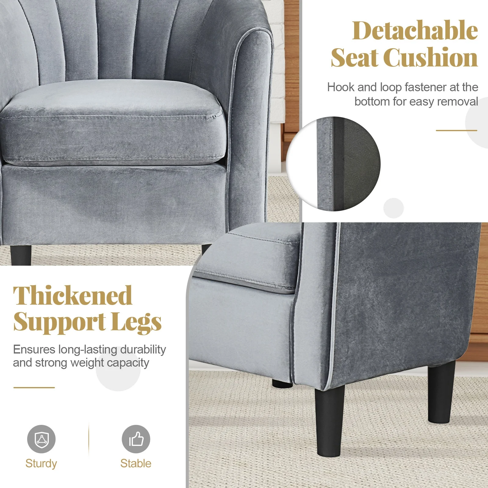 Teddy Velvet Club Barrel Chair With Ottoman, Gray - Image 6