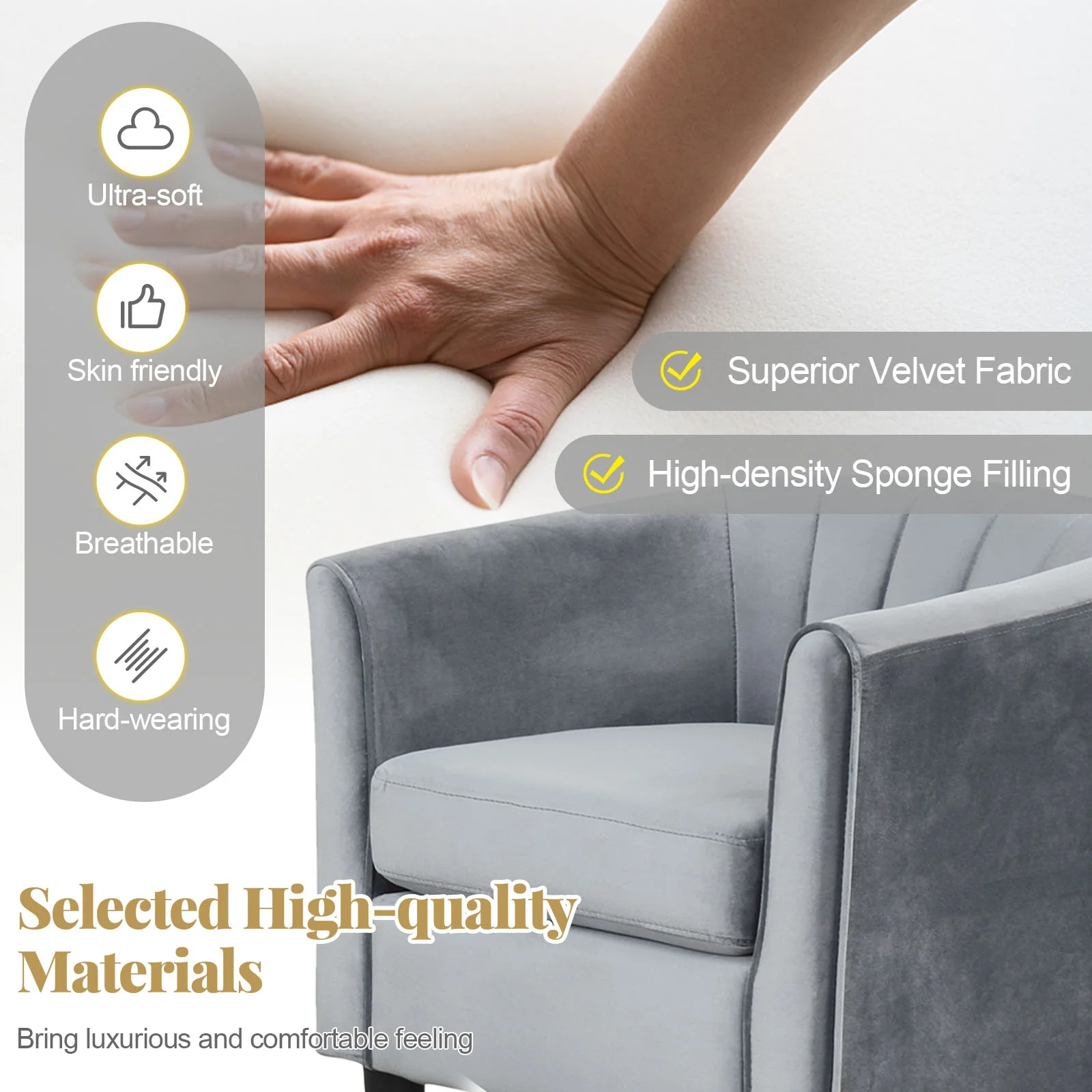 Teddy Velvet Club Barrel Chair With Ottoman, Gray - Image 7