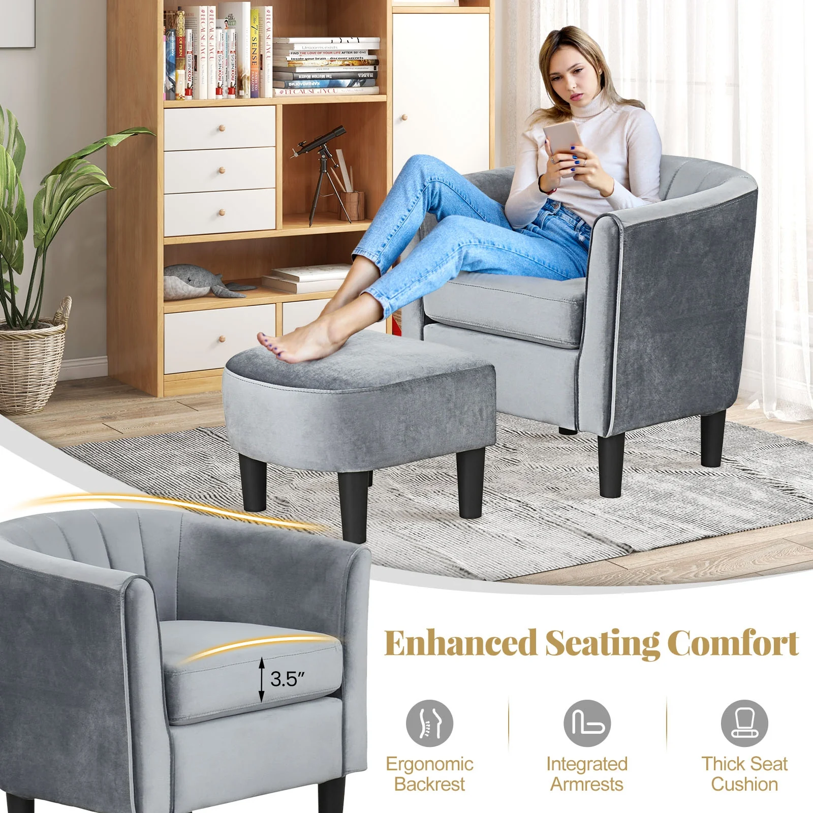 Teddy Velvet Club Barrel Chair With Ottoman, Gray - Image 8