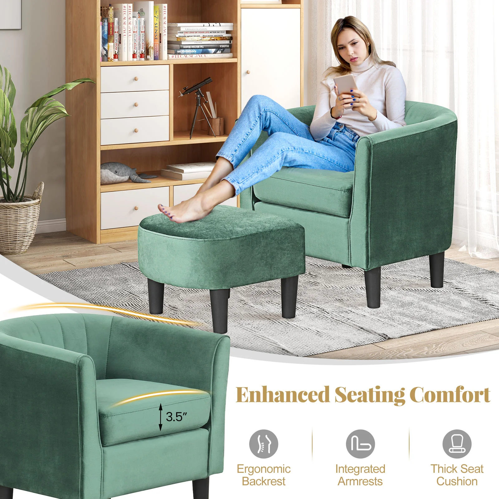 Teddy Velvet Club Barrel Chair With Ottoman, Green - Image 8