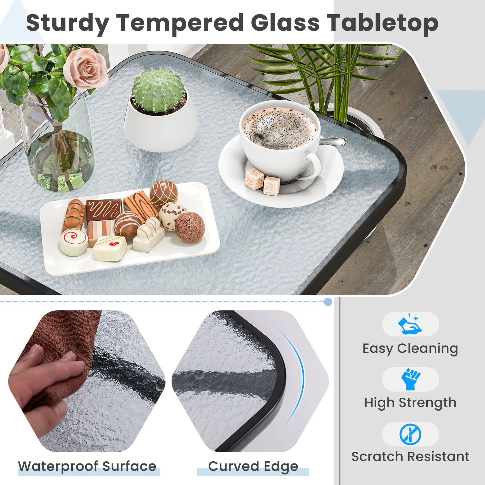 Tempered Glass Top Patio Table, Heavy-Duty Metal Frame, Black - Image 10