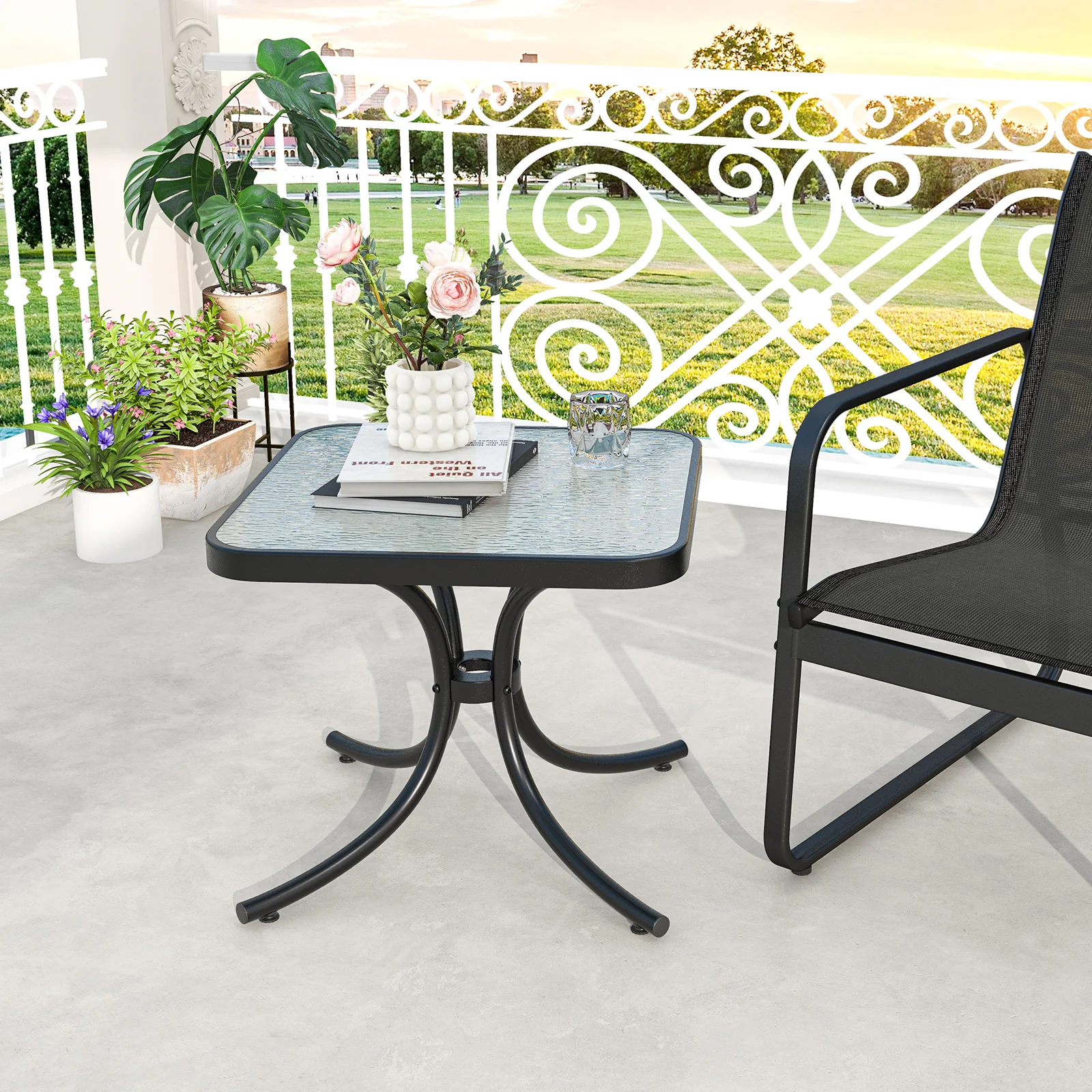 Tempered Glass Top Patio Table, Heavy-Duty Metal Frame, Black - Image 7