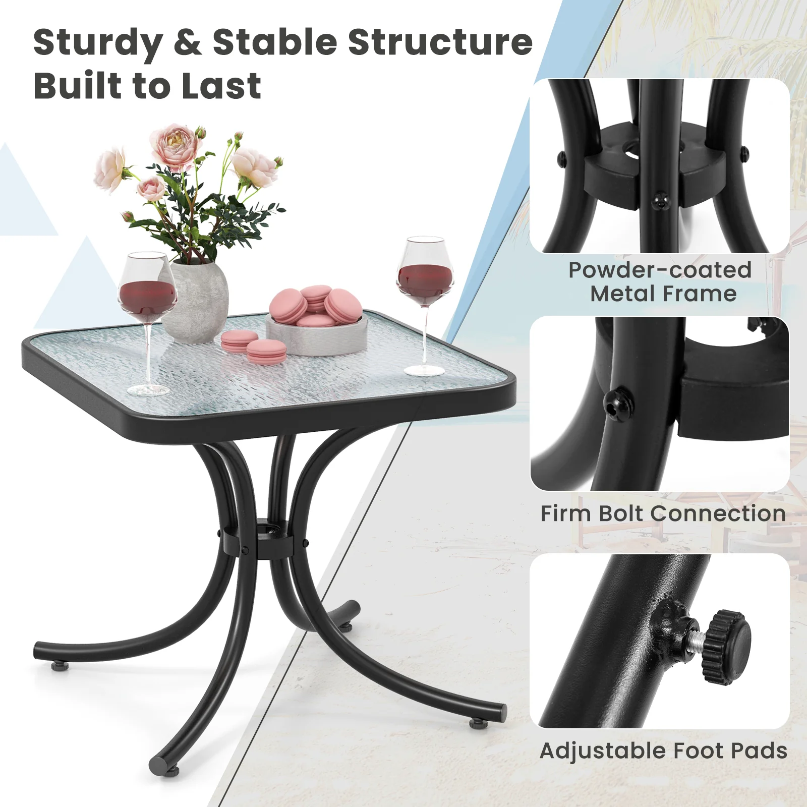 Tempered Glass Top Patio Table, Heavy-Duty Metal Frame, Black - Image 9