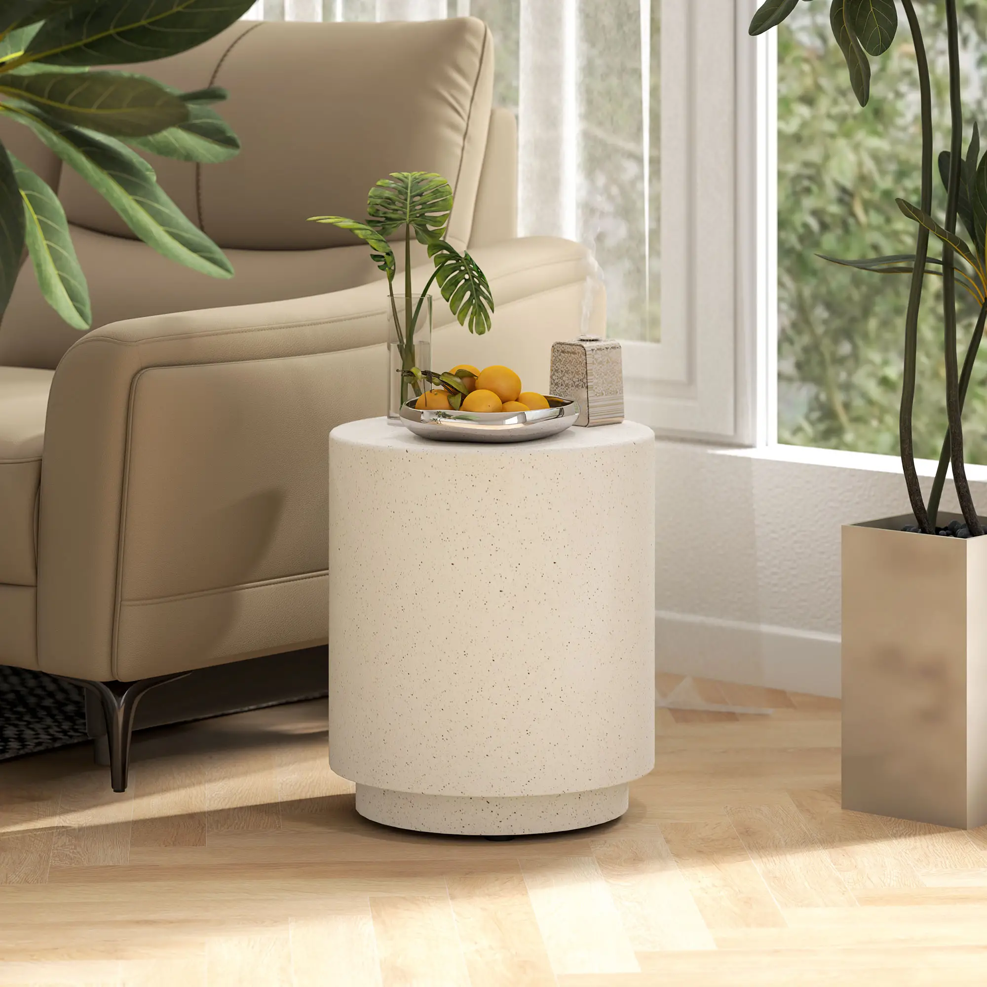 Terrazzo Finish Side Table, 17" Round, White, Cream - Image 8