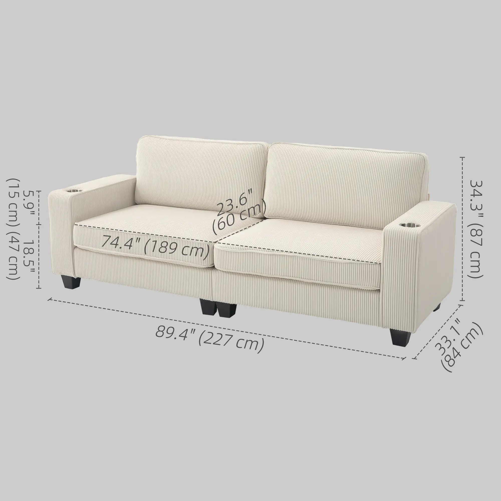 Three Seater Sofa, Fabric Couch with Spring Cushion, Cream White - Image 3
