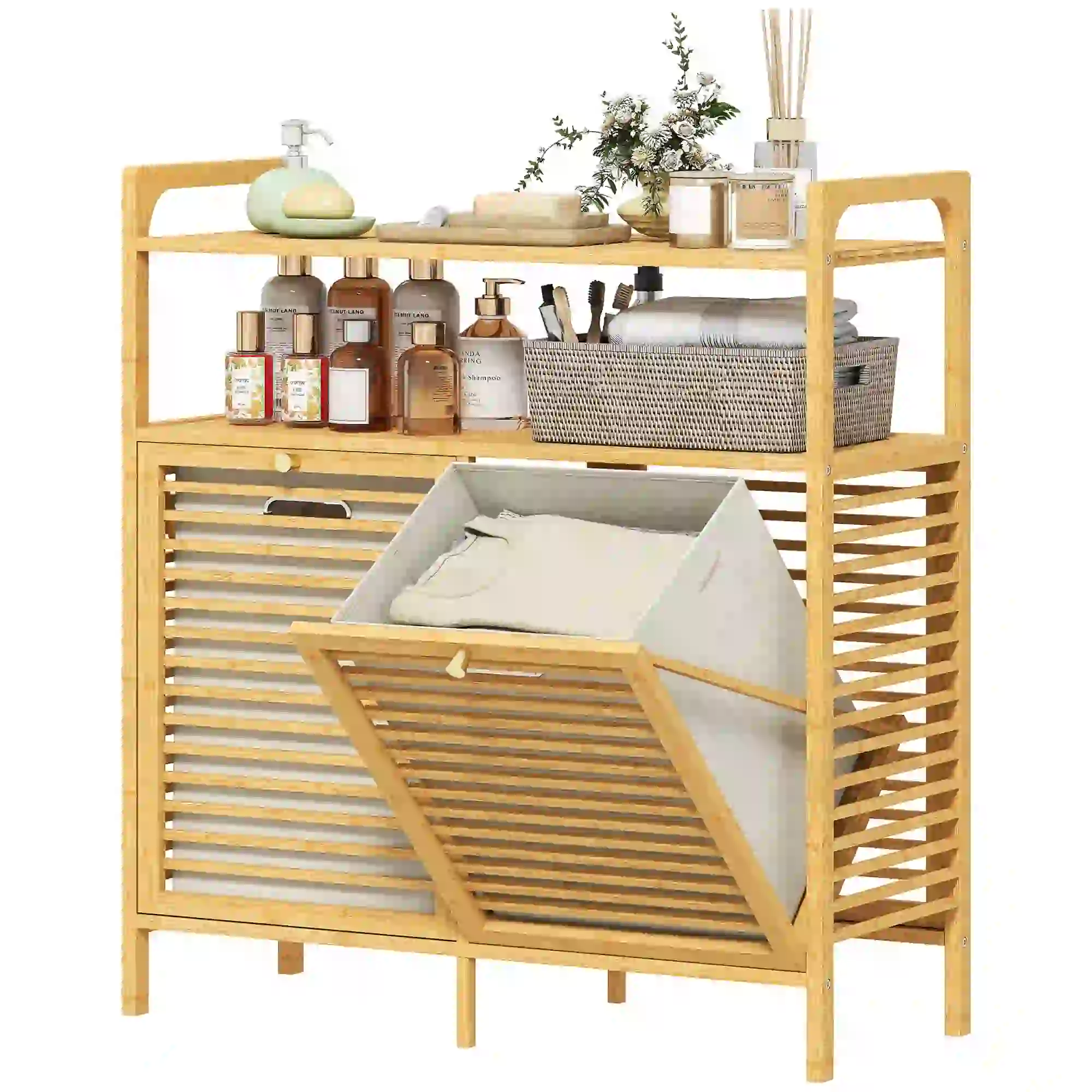 Tilt Out Laundry Hamper, Bamboo Cabinet with 2 Baskets, 2 Shelves, Natural