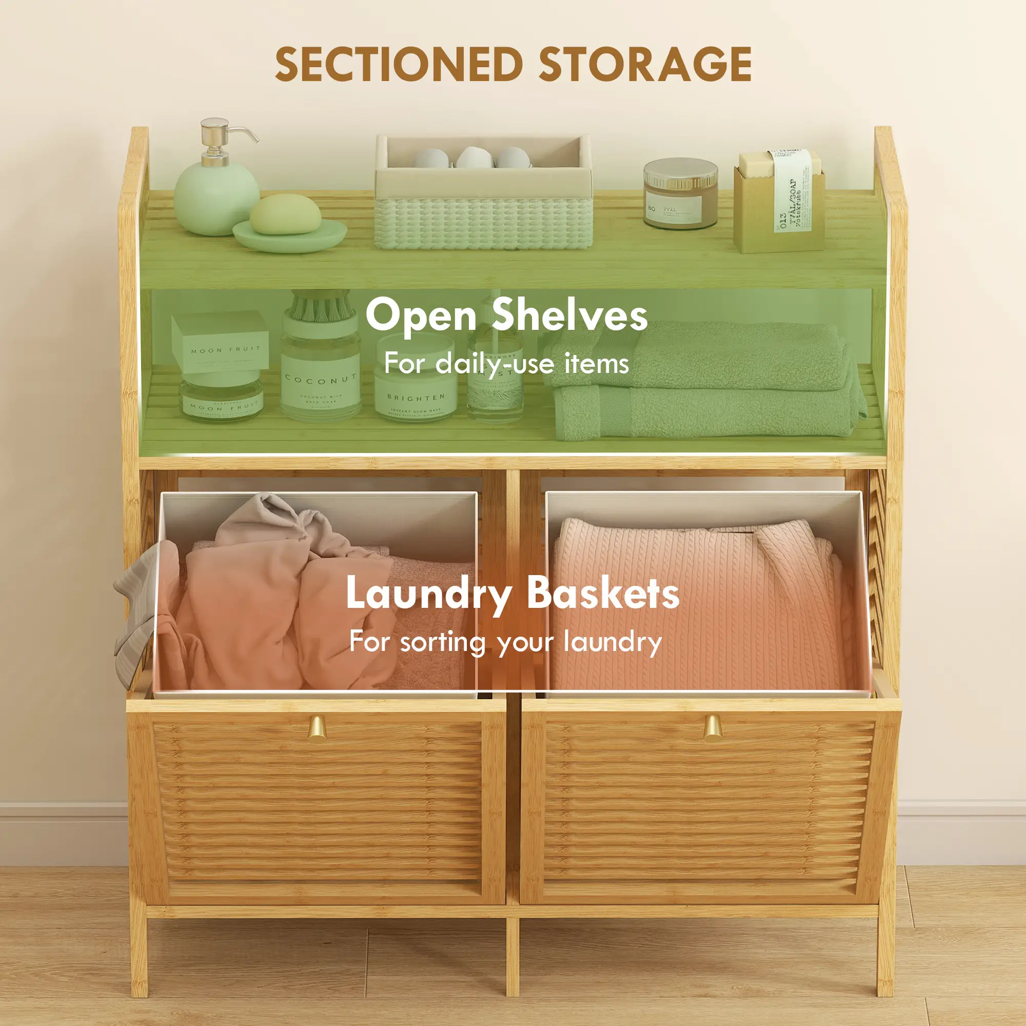 Tilt Out Laundry Hamper, Bamboo Cabinet with 2 Baskets, 2 Shelves, Natural - Image 4