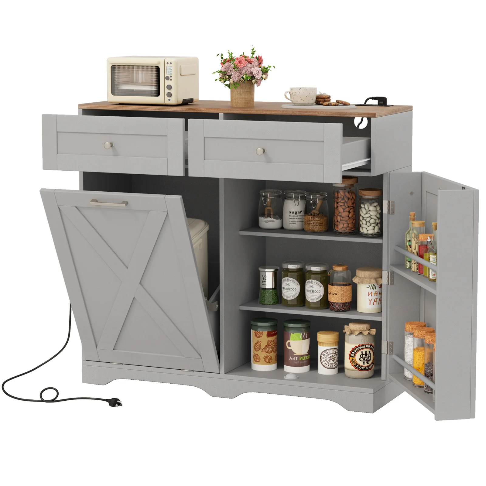 Tilt Out Trash Can Cabinet, With Outlets And Adjustable Shelf, Gray