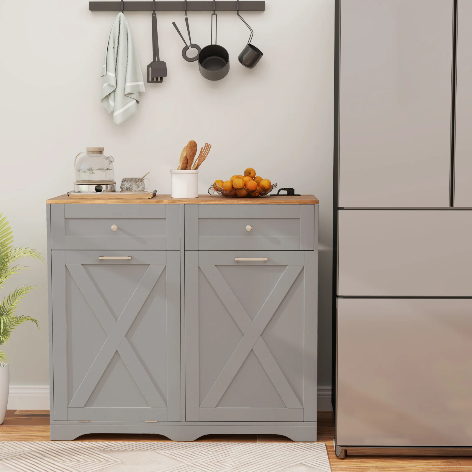 Tilt Out Trash Can Cabinet, With Outlets And Adjustable Shelf, Gray - Image 2