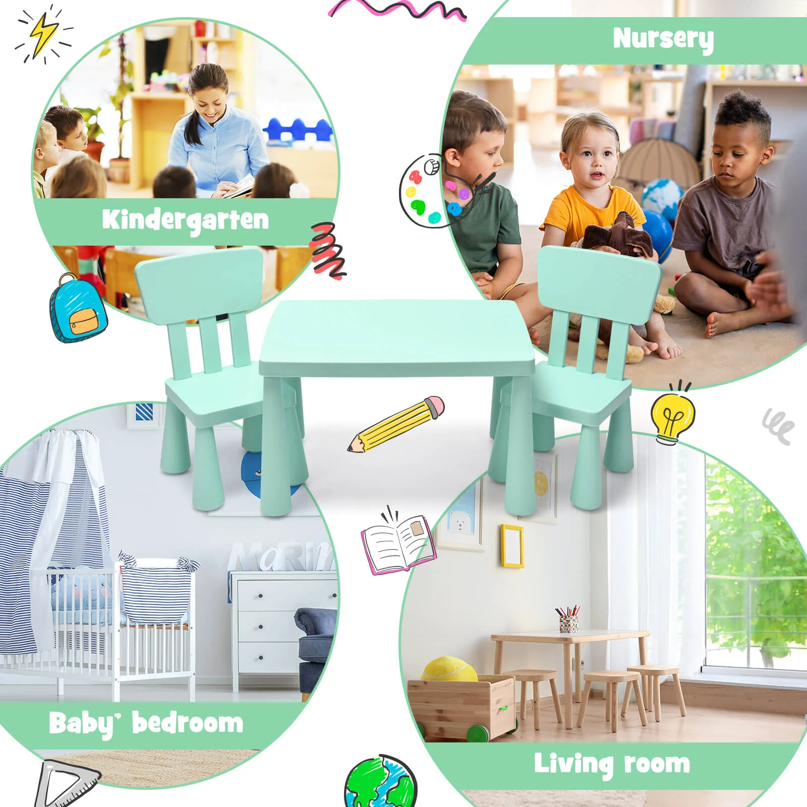 Toddler Activity Play Table And Chair Set, 3 Pieces, Green - Image 10