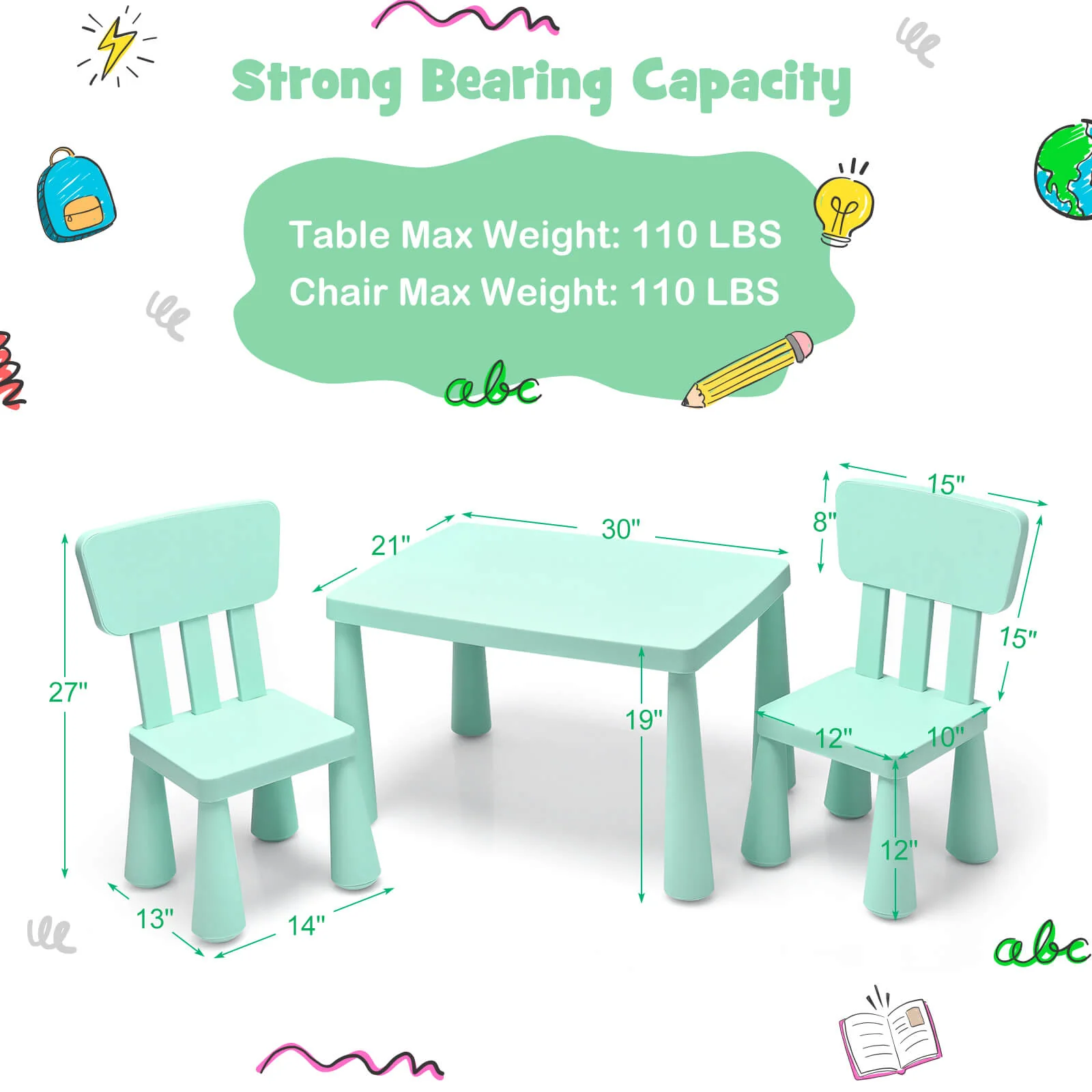 Toddler Activity Play Table And Chair Set, 3 Pieces, Green - Image 5